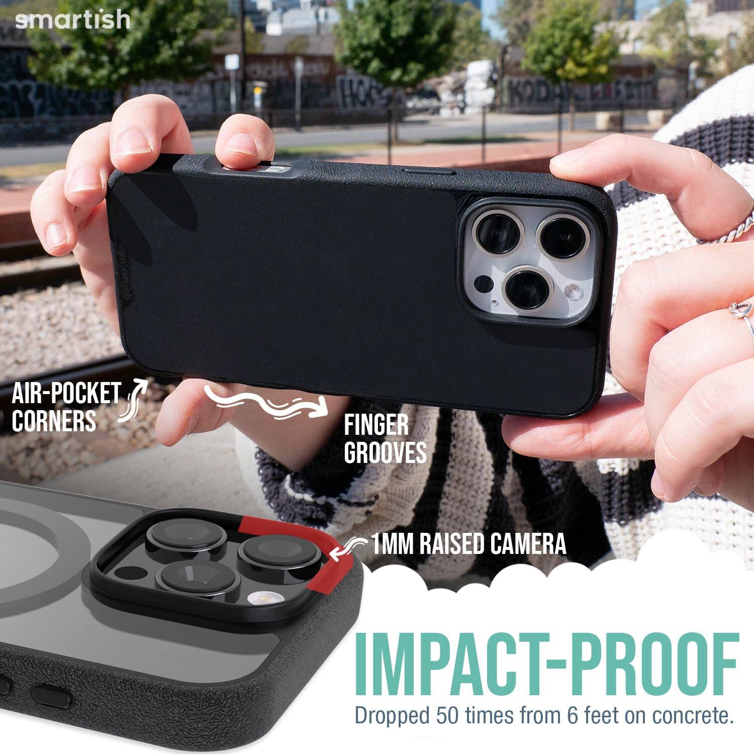 smartish  
AIR-POCKET CORNERS  
FINGER GROOVES  
1MM RAISED CAMERA  
IMPACT-PROOF  
Dropped 50 times from 6 feet on concrete.