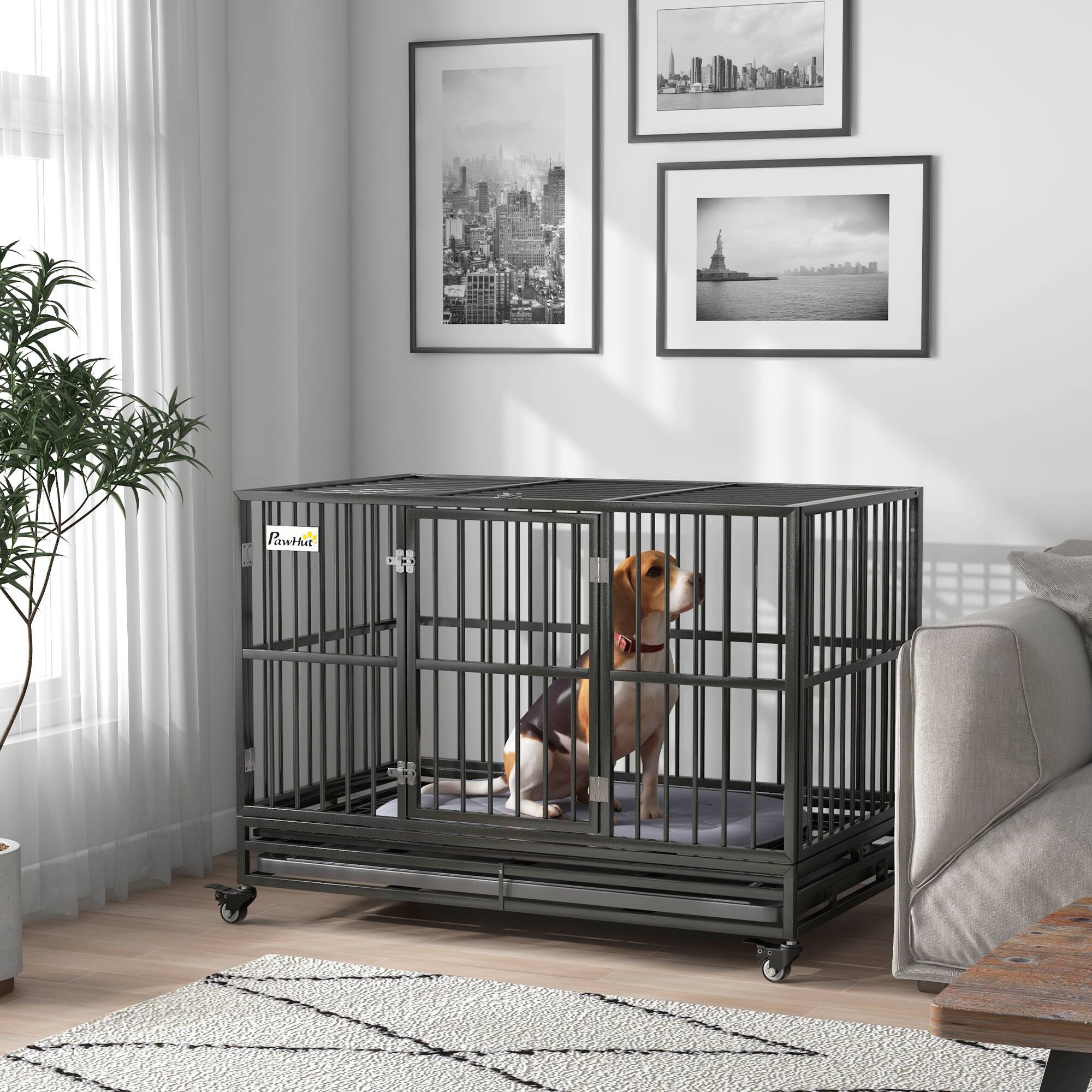 Alt View 1. Pawhut - Heavy Duty Dog Crate Metal Cage Kennel with Lockable Wheels - Gray.