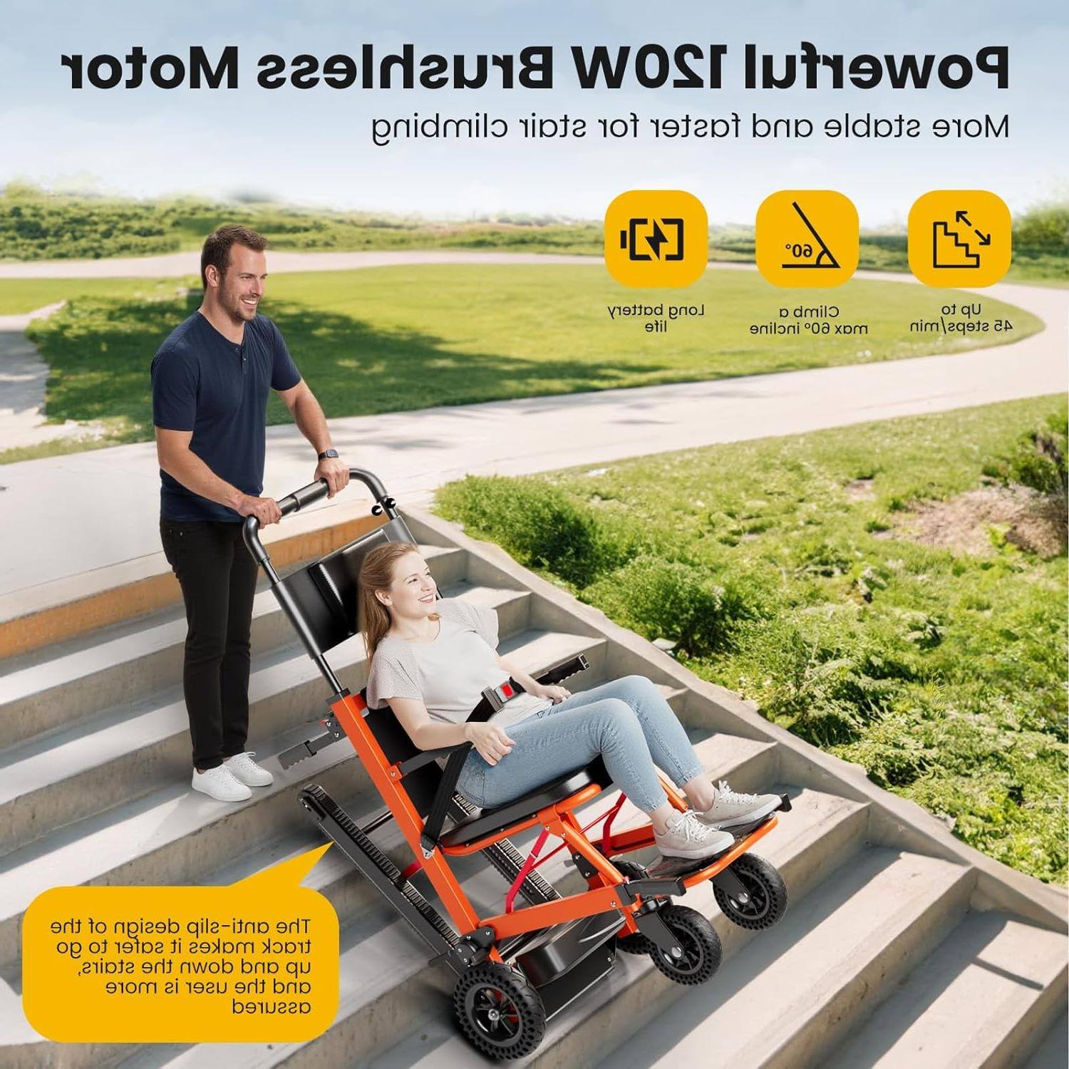 **Motorized Stair Climber**

- Powerful 120W motor
- Long-lasting battery
- Climbs inclines up to 60°
- Up to 45 steps/min
- Anti-slip track design
- Safer and more stable for users

**Features:**
- Lightweight
- Compact
- Easy to transport

**Description:**
This motorized stair climber is designed to assist individuals in navigating stairs with ease. It features a powerful 120W motor, a long-lasting battery, and can climb inclines up to 60°. With a speed of up to 45 steps per minute, it ensures a smooth and stable ride. The anti-slip track design makes it safer for users. The lightweight and compact design also make it easy to transport.