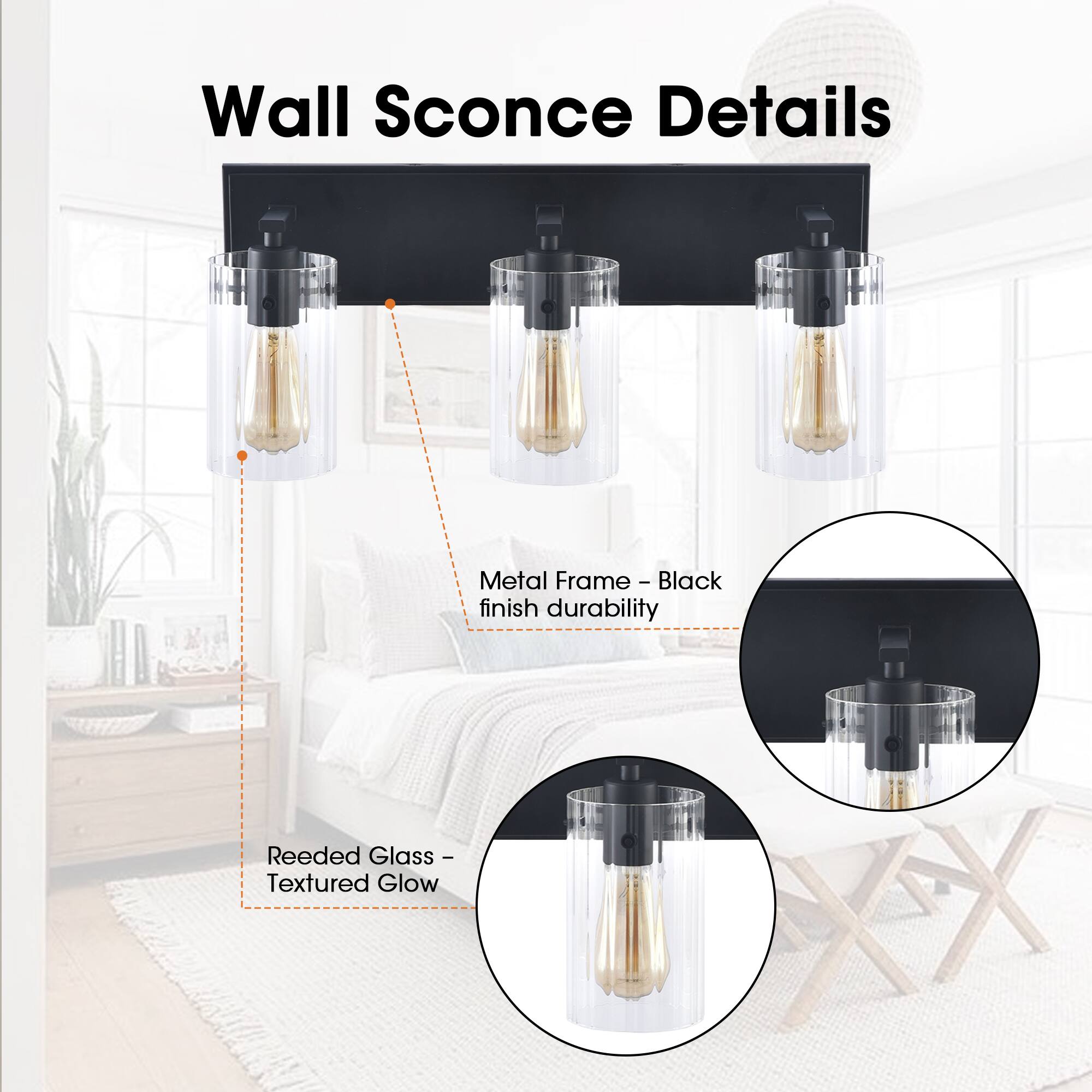 Wall Sconce Details  
Metal Frame - Black finish durability  
Reeded Glass - Textured Glow