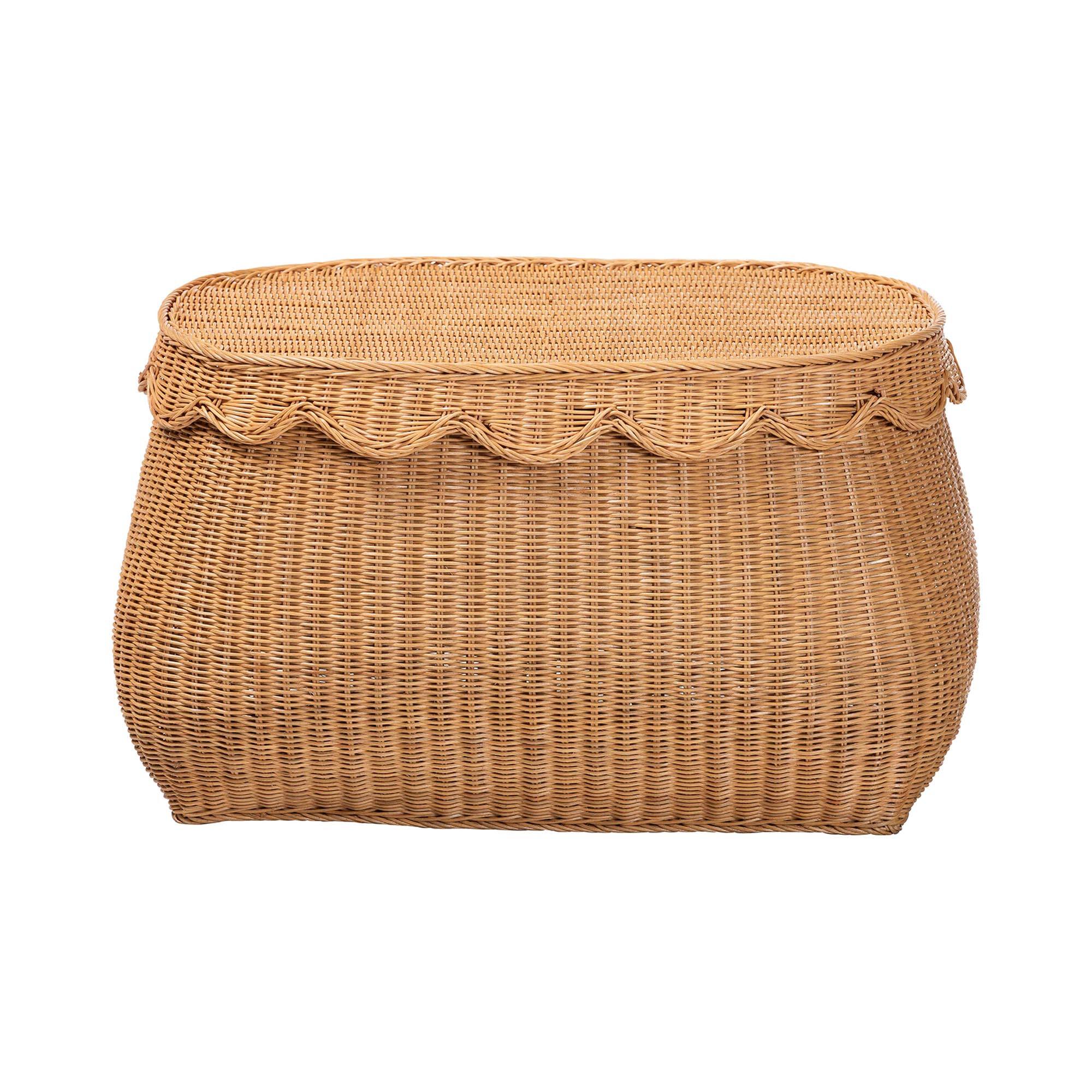 Left. bali & pari - Ayleen Natural Rattan Basket with Scalloped Lid – Handwoven Wicker Storage Box, Boho Coastal Home Décor, Medium - Light Honey.