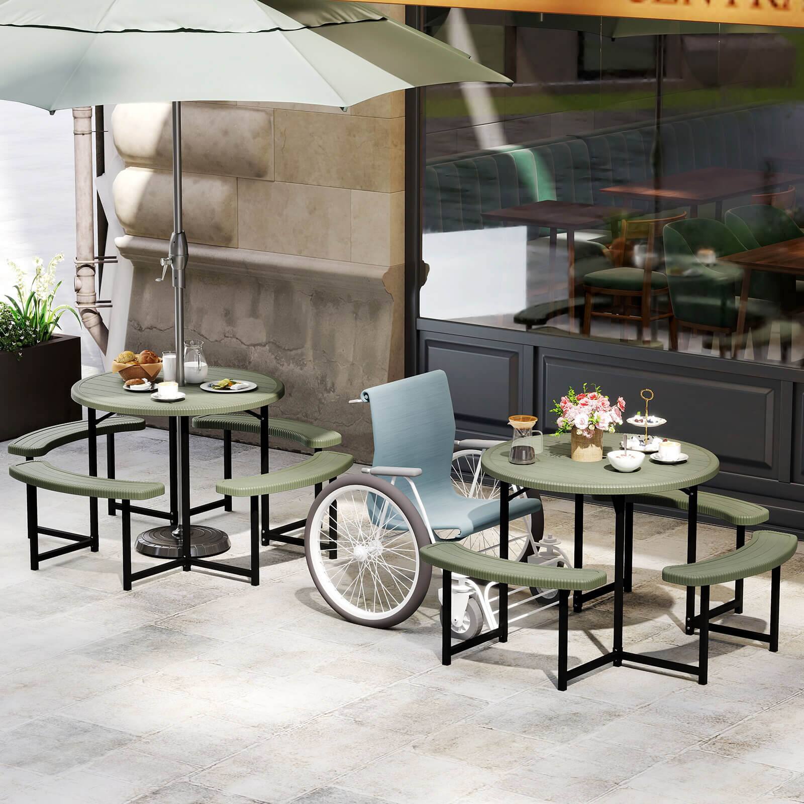 Alt View 3. Costway - Costway Round Picnic Table Bench Set with 4 Benches Umbrella Hole All Weather Tabletop - Green.