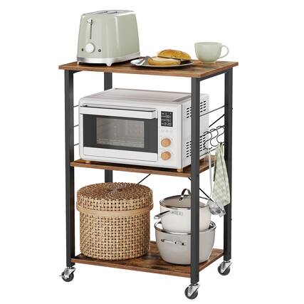 Front. Songmics Home - Kitchen Shelf on Wheels, Serving Cart with 3 Shelves, Kitchen Cart, Microwave Shelf, for Mini Oven, Toaster - Rustic Brown and Black.