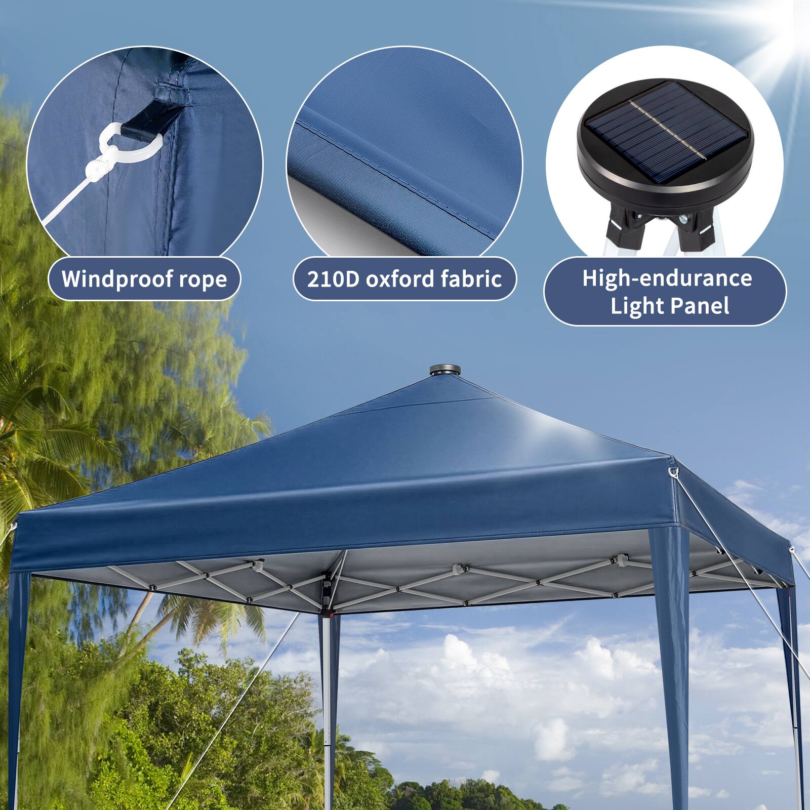 Windproof rope  
210D oxford fabric  
High-endurance Light Panel