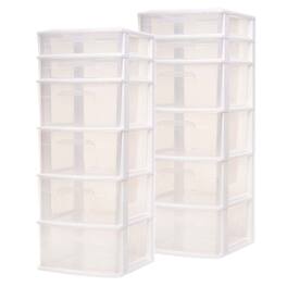 Homz - Plastic 6 Clear Drawer Medium Home Storage Container Tower, White (2 Pack)