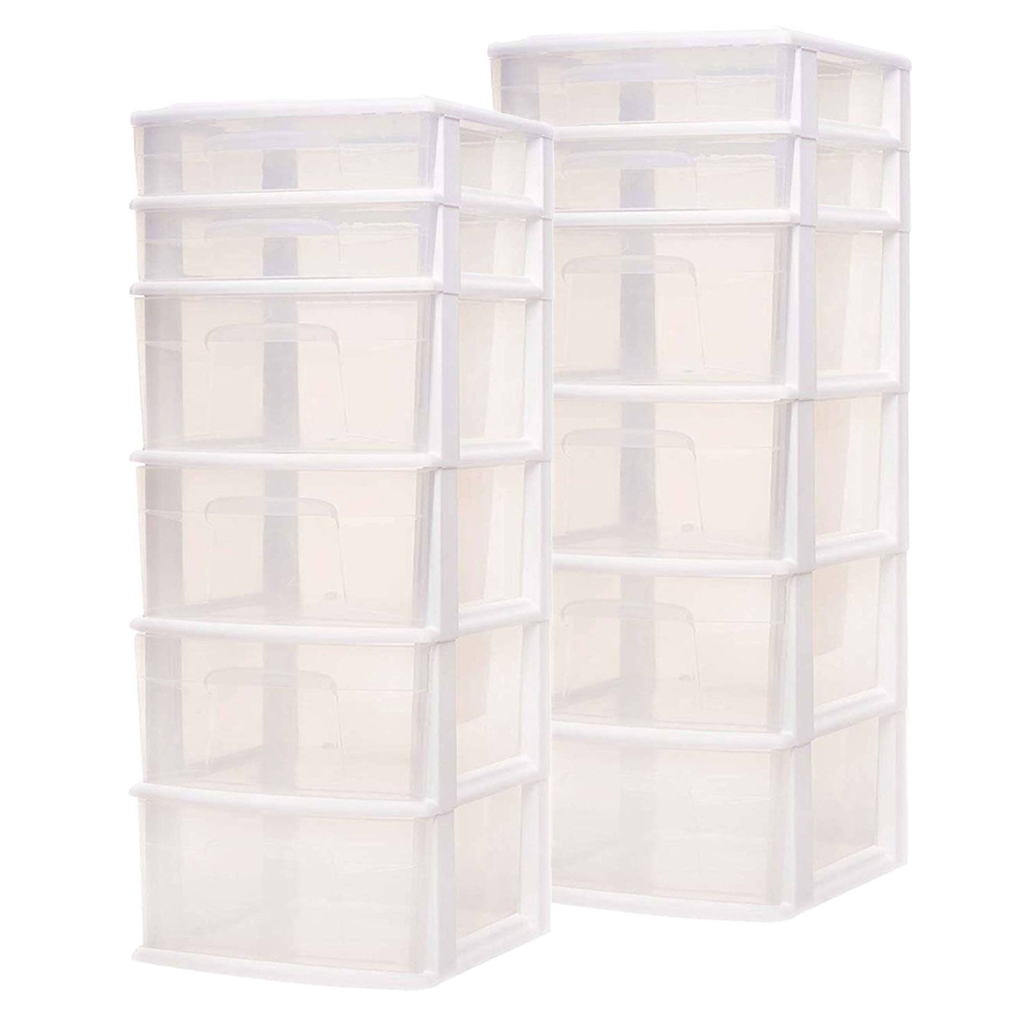 Front. Homz - Homz Plastic 6 Clear Drawer Medium Home Storage Container Tower, White (2 Pack).