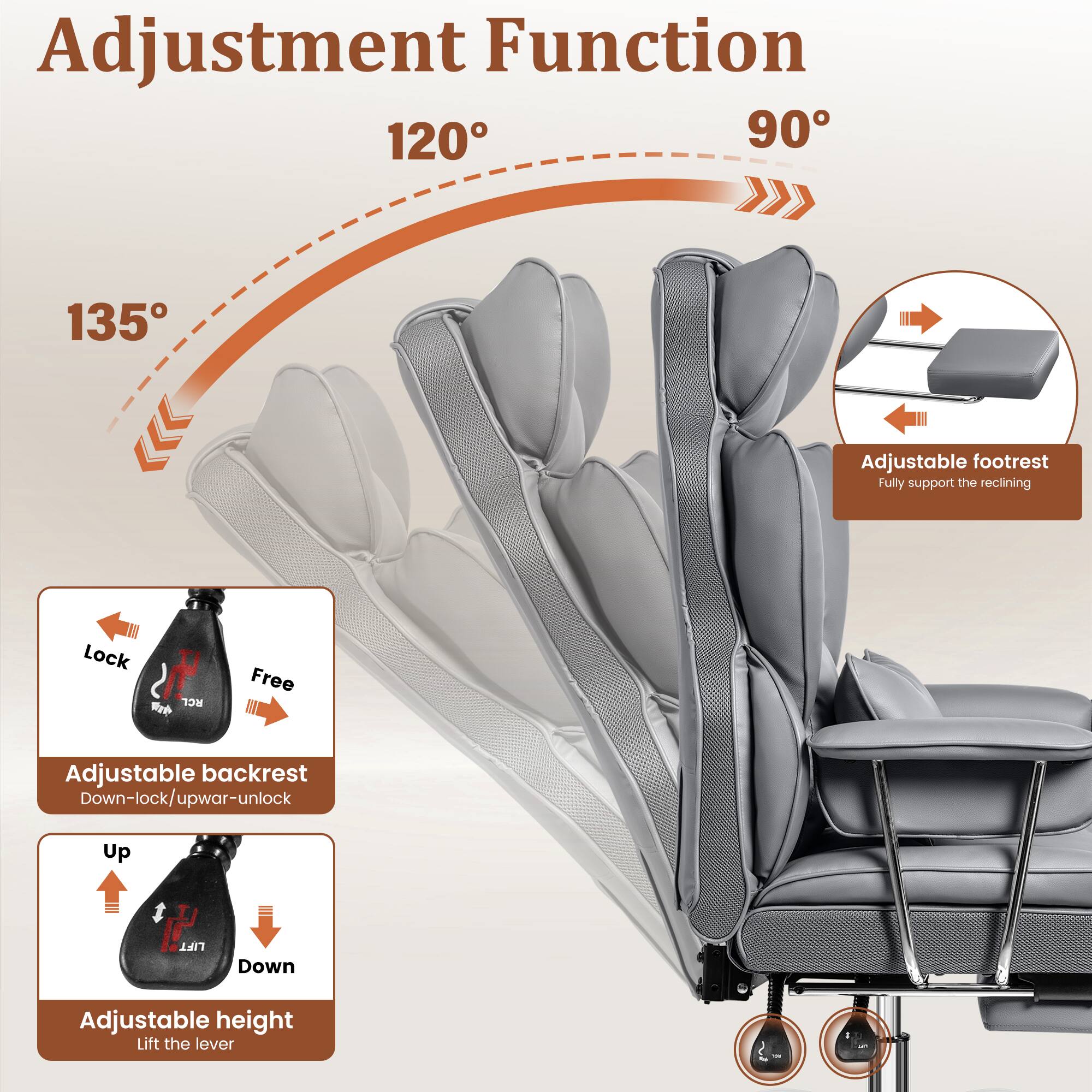Adjustment Function

120° 90° 135°

Adjustable footrest  
Fully support the reclining

Adjustable backrest  
Down-lock/upwar-unlock

Adjustable height  
Lift the lever