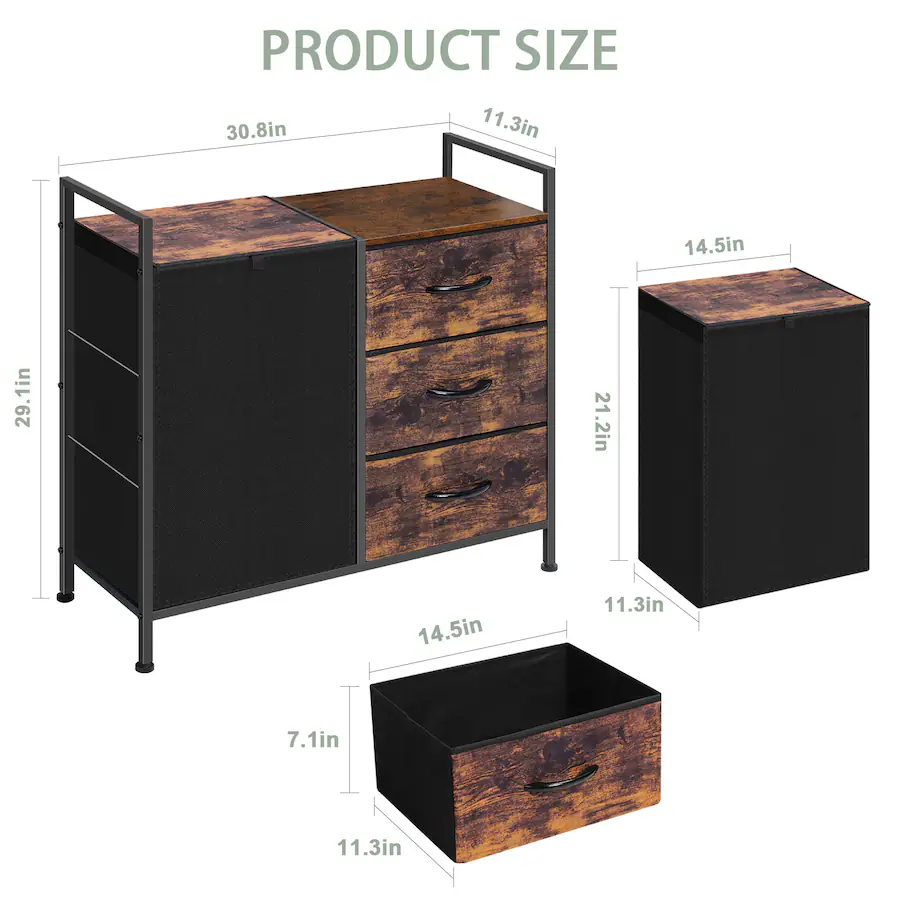 Oumilen Rustic Laundry Hamper with 3 Fabric Drawers, 2 in 1 Design ...