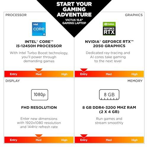 START YOUR GAMING PROCESSOR ADVENTURE  
VICTUS 15.6" GAMING LAPTOP  

PROCESSOR:  
- INTEL CORE i5-12450H PROCESSOR  
- With Intel Turbo Boost technology, you'll power through demanding games  

GRAPHICS:  
- NVIDIA GEFORCE RTX 2050 GRAPHICS  
- Dedicated ray-tracing and AI cores take gaming to the next level  

DISPLAY:  
- 1080p FHD RESOLUTION  
- Enter new dimensions with 1920x1080 resolution and 144Hz refresh rate  

MEMORY:  
- 8 GB DDR4-3200 MHZ RAM (2 x 4 GB)  
- Run games and stream smoothly  

Entry Med High  
Entry Med High  
Entry Med High