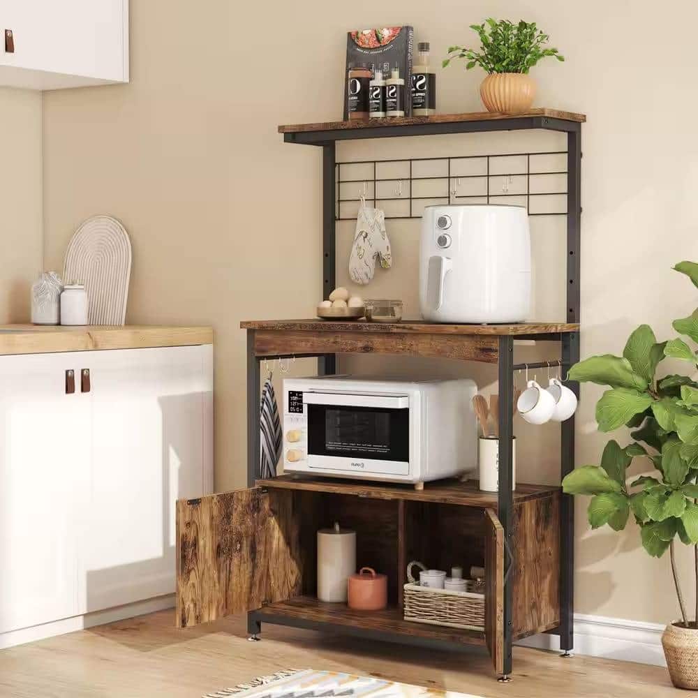 SlickBlue - Rustic Brown Industrial Kitchen Baker’s Rack with Storage Cabinet and Microwave Shelf - Rustic Brown