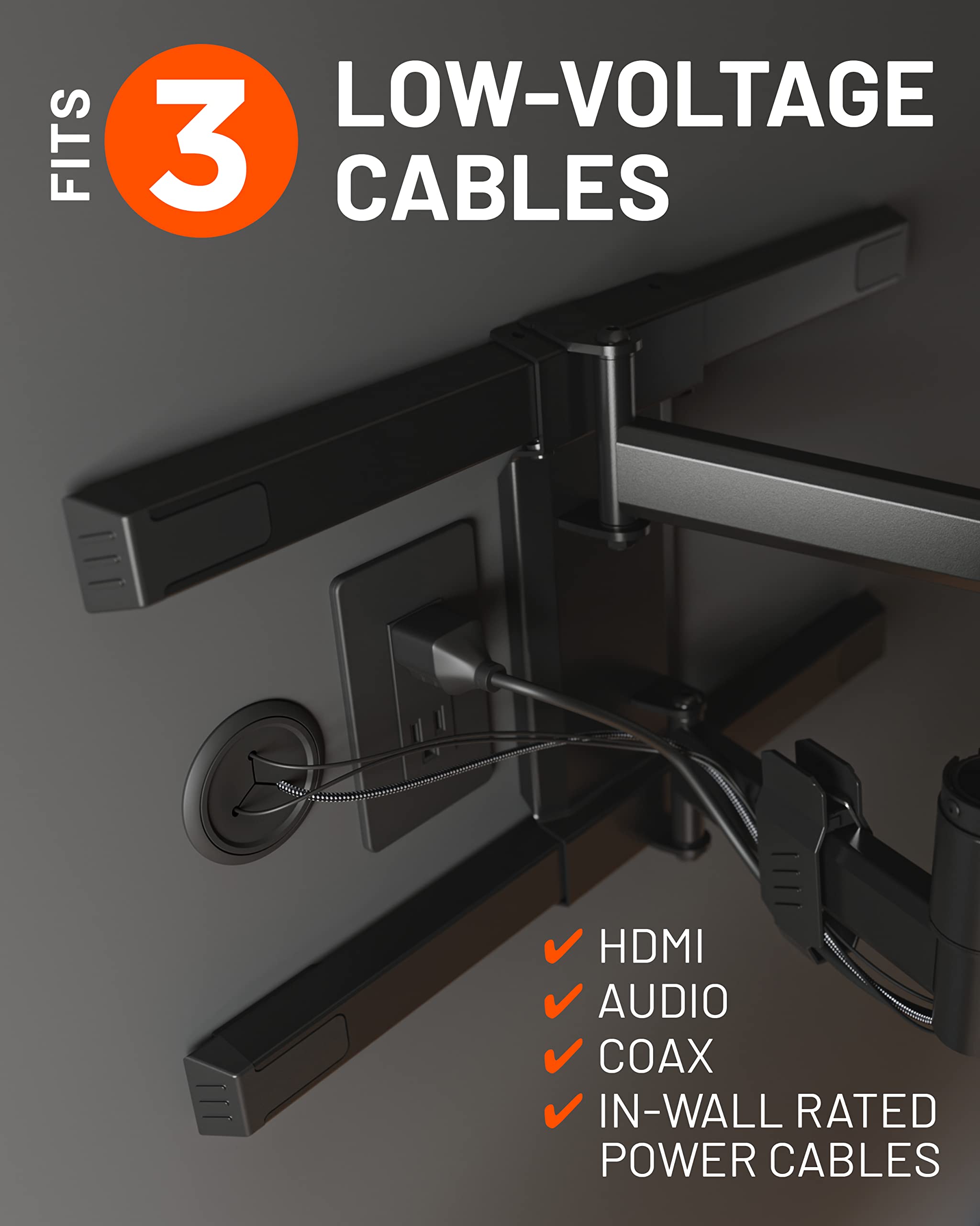 Fits low-voltage 3 cables: HDMI, audio, coax, in-wall rated power cables.