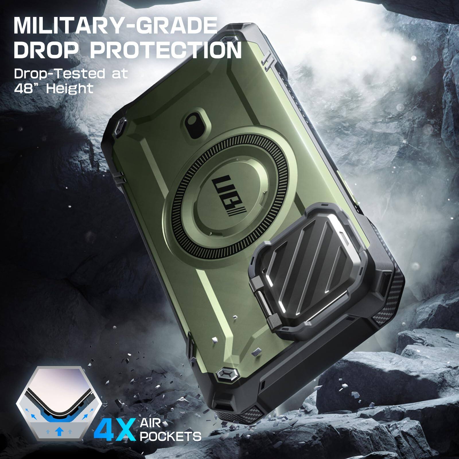 MILITARY-GRADE DROP PROTECTION  
Drop-Tested at 48" Height  

4X AIR POCKETS