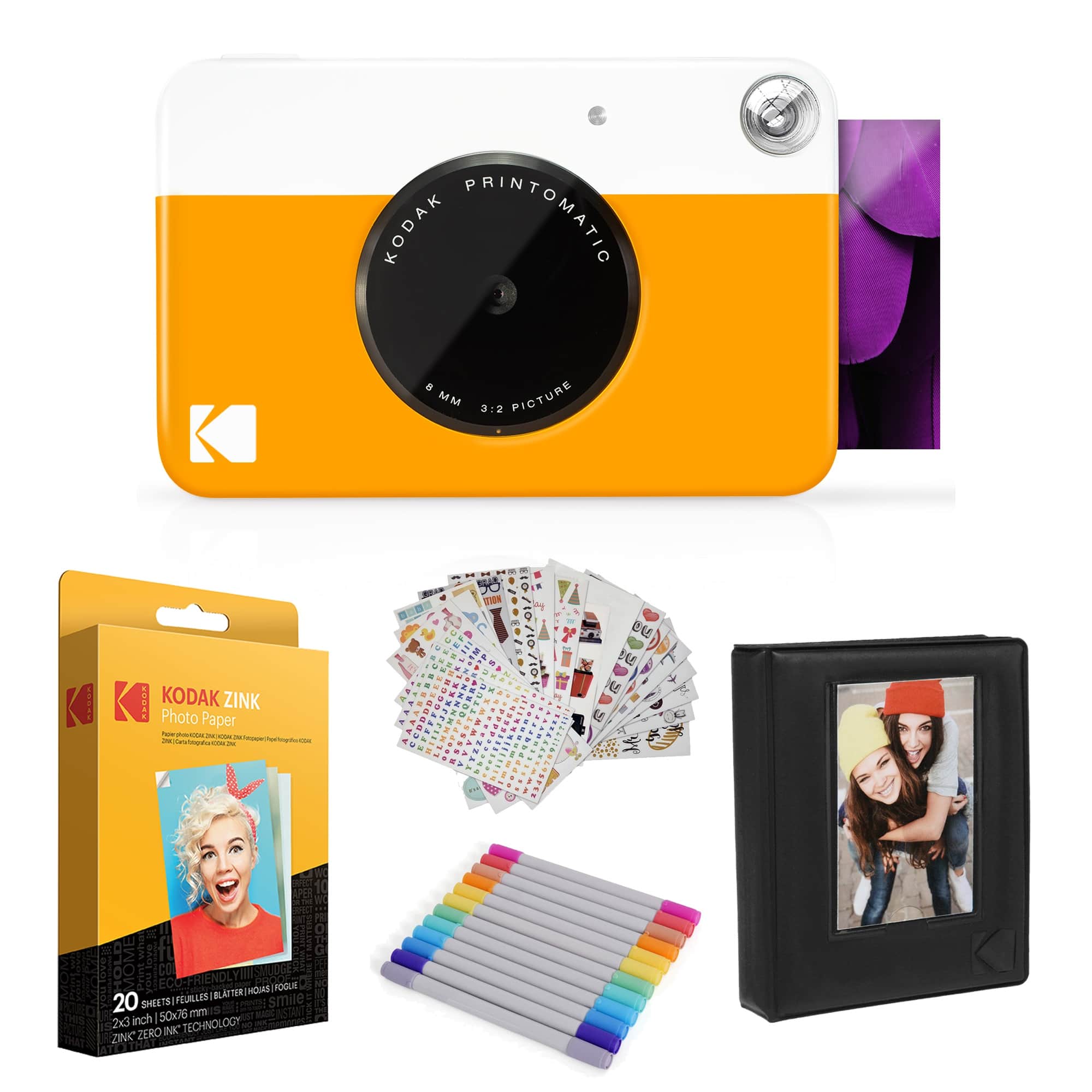 Kodak - Printomatic Instant Camera Gift Bundle with Case, Photo Paper, Album & More - Yellow