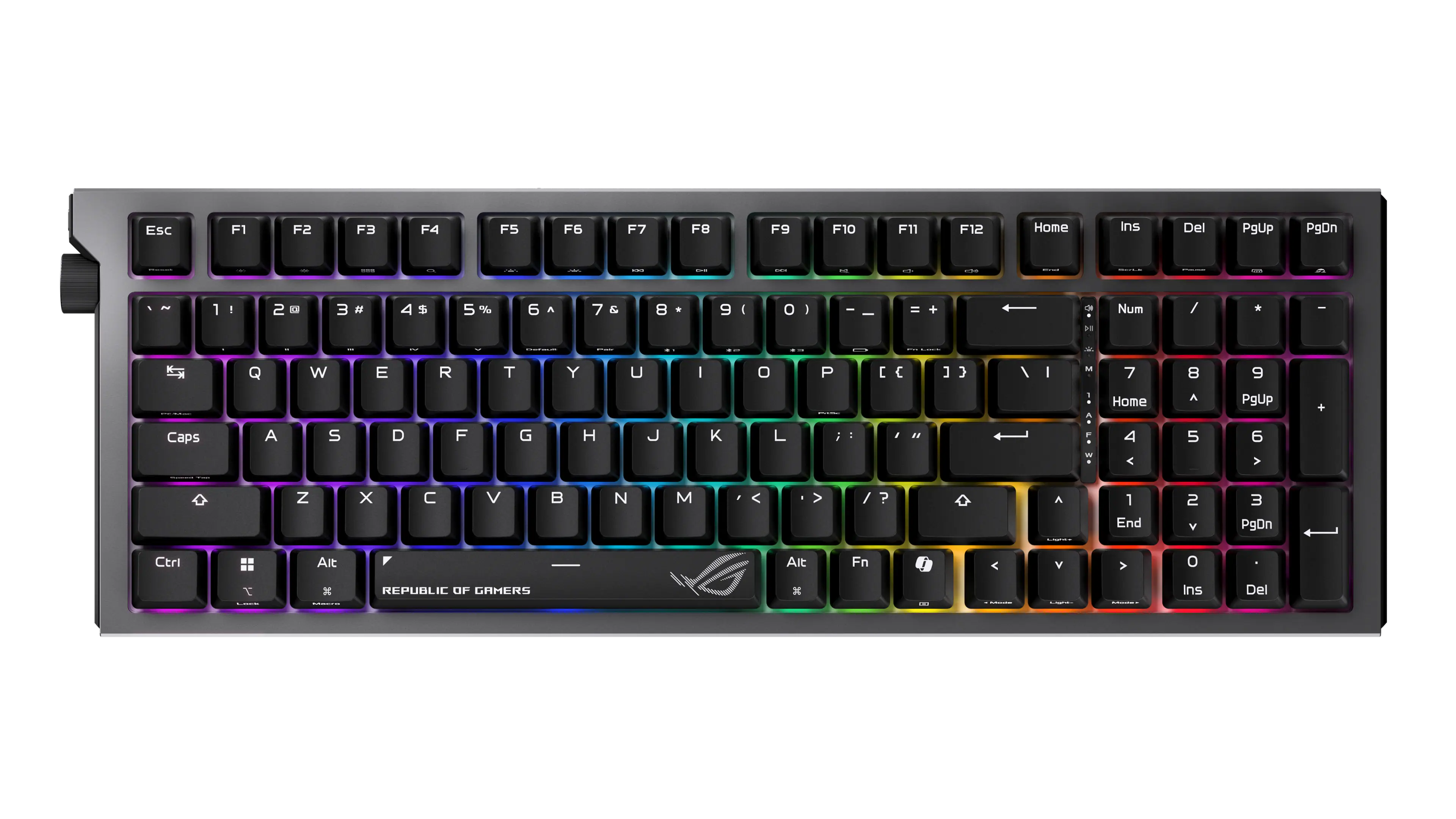 ESC F1 F2 F3 F4 F5 F6 F7 F8 F9 F10 F11 F12 Home Ins Del PgUp PgDn

1 2 3 4 5 6 7 8 9 0 - = Backspace

Q W E R T Y U I O P [ ] \

A S D F G H J K L ; ' Enter

Z X C V B N M , . / Shift

Caps Lock A S D F G H J K L : '

Ctrl Alt Fn Spacebar Alt

Num 7 8 9 + - * 4 5 6 1 2 3 0 . - Home 8 9 PgUp

End 2 3 PgDn

Ctrl Alt Fn

REPUBLIC OF GAMERS