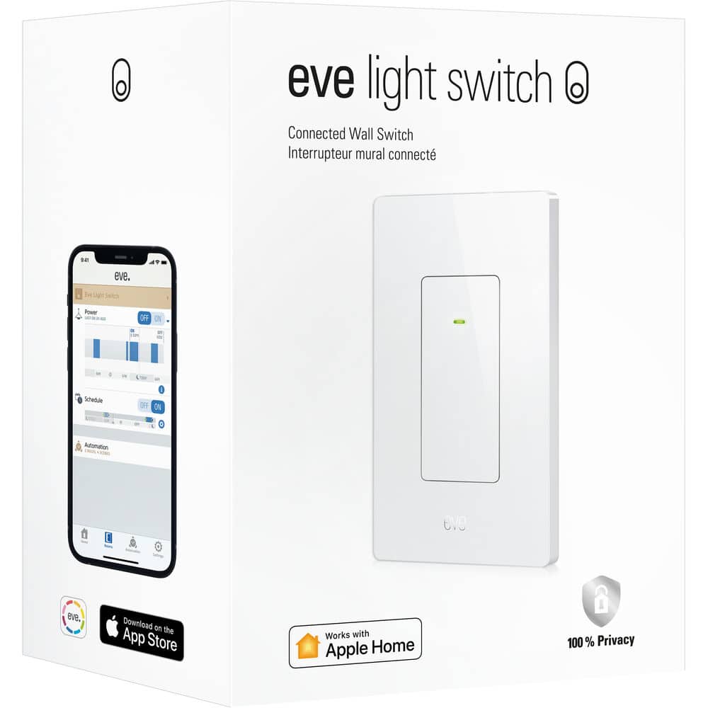 eve light switch O Connected Wall Switch Interrupteur mural connect Be eve. be Light Switch Power OFF Schedule I OFF O : Automation eve eve. Download on the App Store Works with Apple Home 100% Privacy