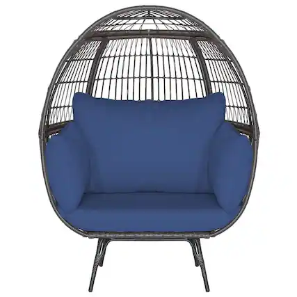 Front. Kadyn - Oversized Patio Rattan Egg Lounge Chair with 4 Cushions, Wicker Egg Chair Rattan Chair Navy - Blue.