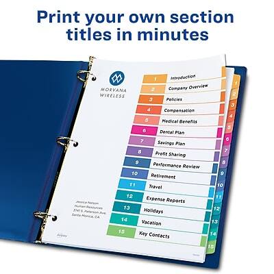 Print your own section titles in minutes

1. Introduction
2. Company Overview
3. Policies
4. Compensation
5. Medical Benefits
6. Dental Plan
7. Savings Plan
8. Profit Sharing
9. Performance Review
10. Retirement
11. Travel
12. Expense Reports
13. Holidays
14. Vacation
15. Key Contacts

Address:
MORVANA WIRELESS
12345 Peterson Holliday Ave
Monica, CA 90260