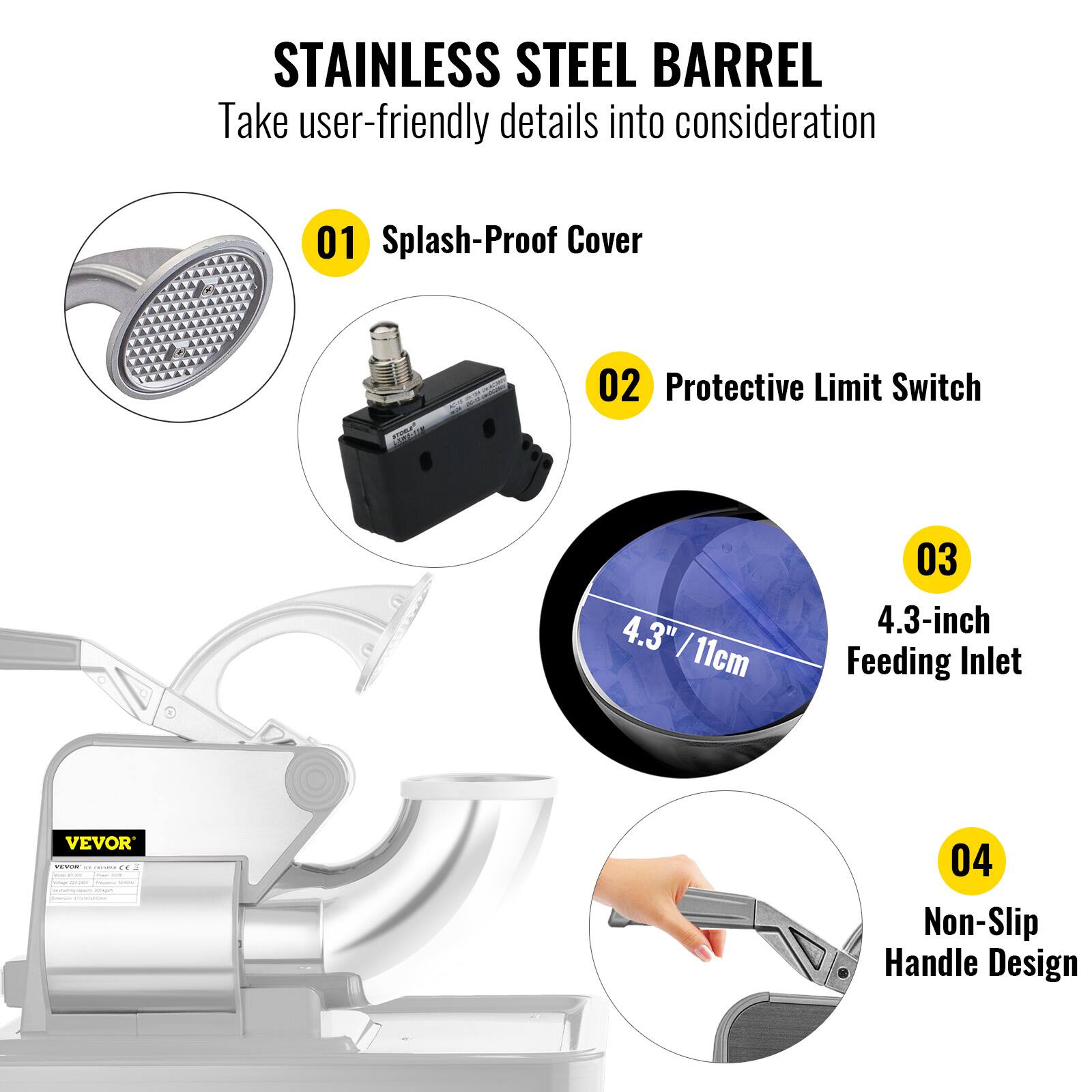 STAINLESS STEEL BARREL
Take user-friendly details into consideration
01 Splash-Proof Cover
02 Protective Limit Switch
03 4.3-inch Feeding Inlet
04 Non-Slip Handle Design