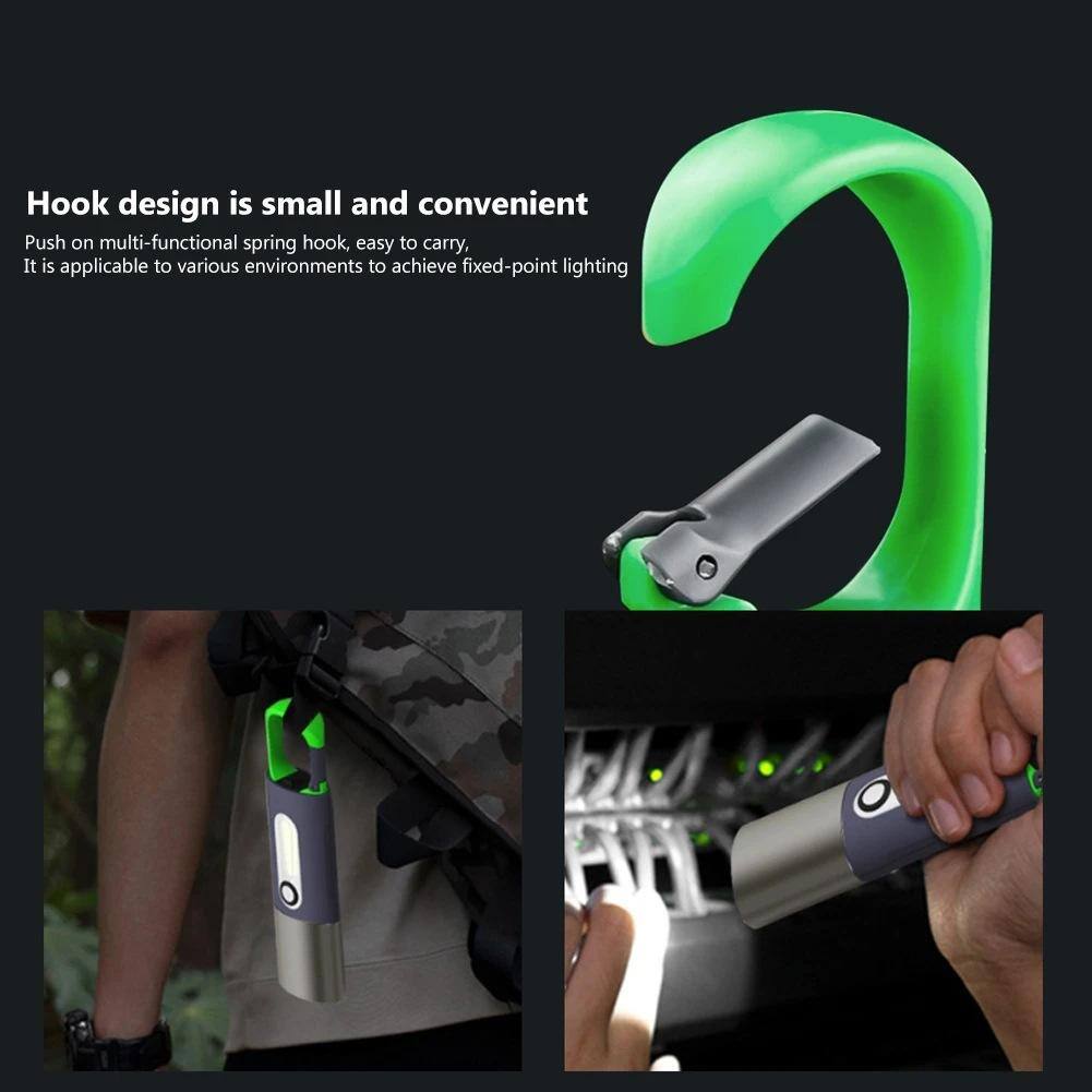 Hook design is small and convenient  
Push on multi-functional spring hook, easy to carry,  
It is applicable to various environments to achieve fixed-point lighting