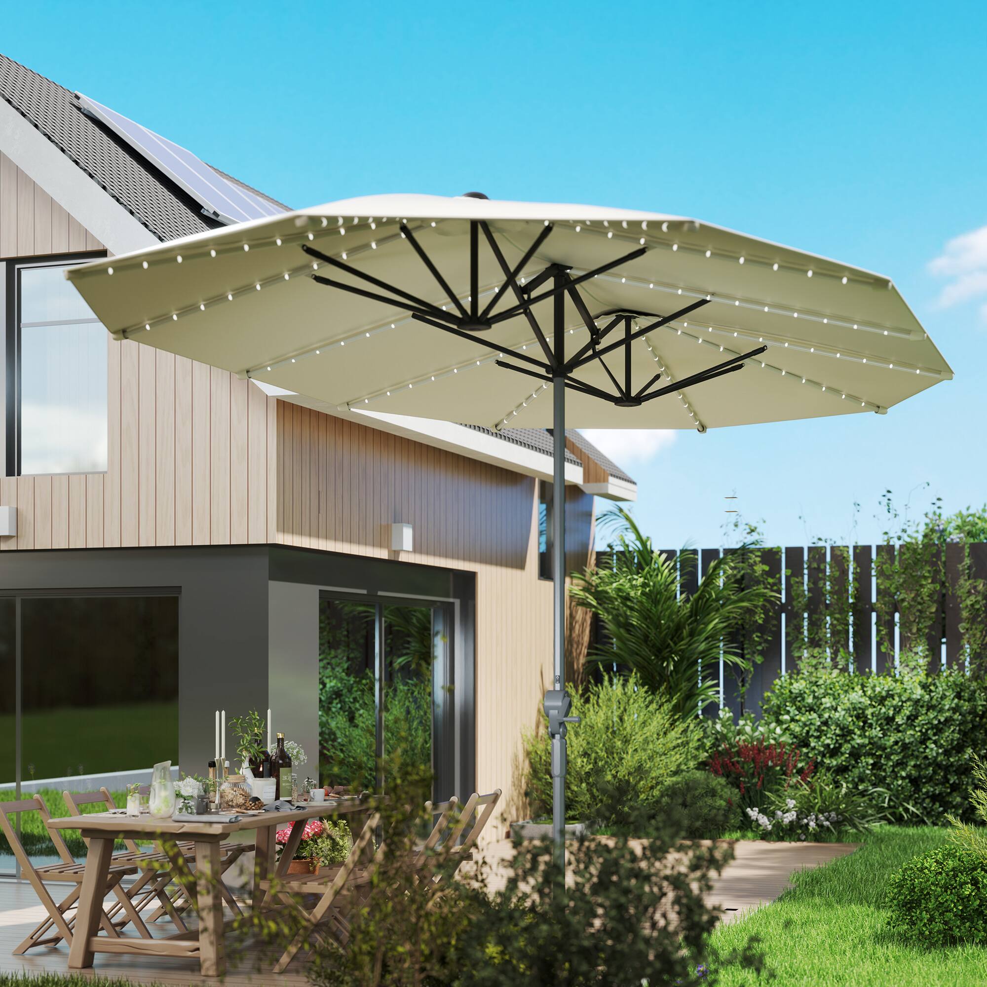 Alt View 5. Outsunny - 15ft Extra Large Patio Umbrella with Bright Solar Lights, Aluminum UPF50+ Double-Sided Outdoor Table Market Umbrella - Cream White.