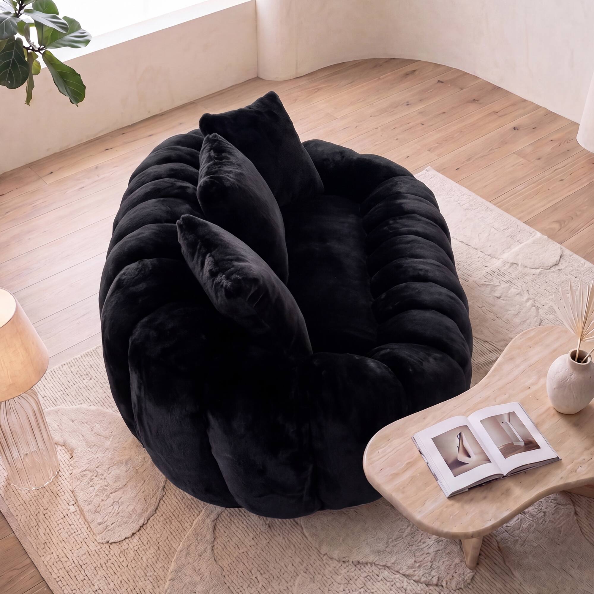 Left. Anysun - Floral-Shaped Sofa – Ultra-Soft Faux Fur Sofa, Large Living Room Two-Seater Sofa, Two-Person Style - Black.