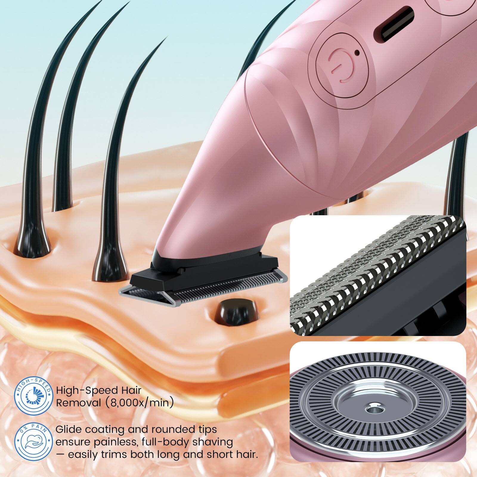 High-Speed Hair Removal (8,000x/min)  
Glide coating and rounded tips ensure painless, full-body shaving – easily trims both long and short hair.