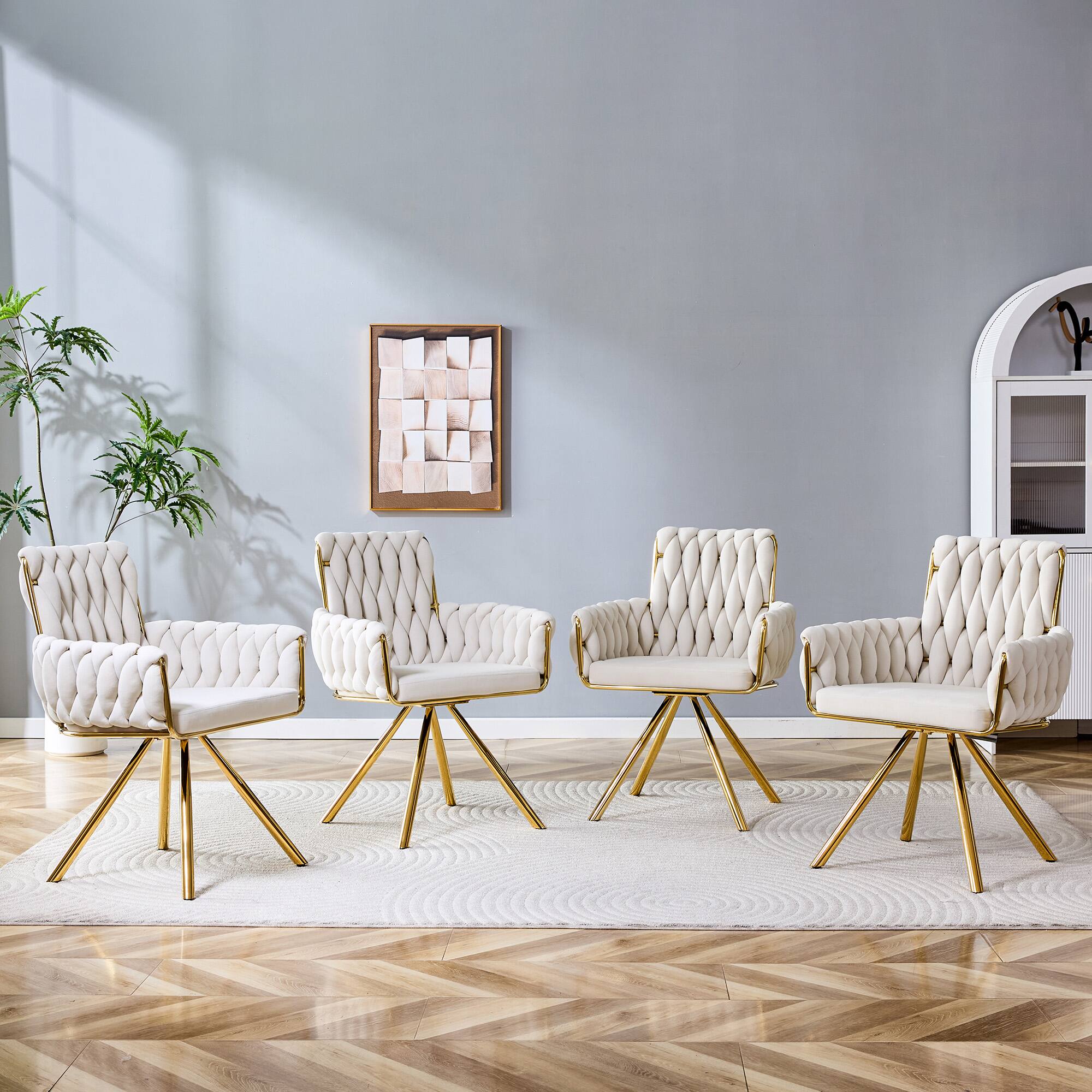 Alt View 1. Loheer - Loheer Velvet Dining Chairs Set of 2, Beige Braided Accent Chairs with Arms and Gold Metal Legs, 2.08 ft - Beige,Gold.