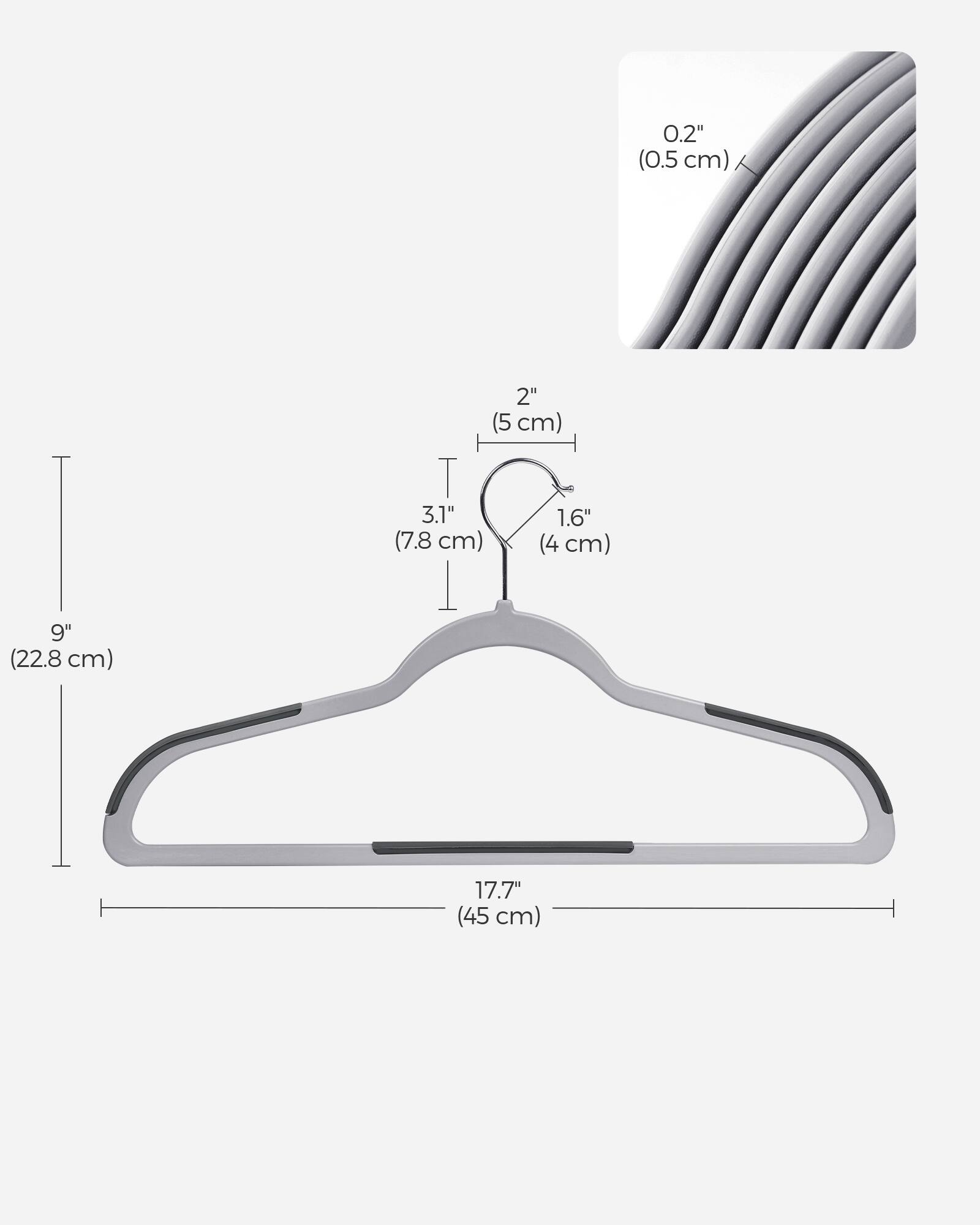 0.2" (0.5 cm)  
9" (22.8 cm)  
2" (5 cm)  
3.1" (7.8 cm)  
1.6" (4 cm)  
17.7" (45 cm)