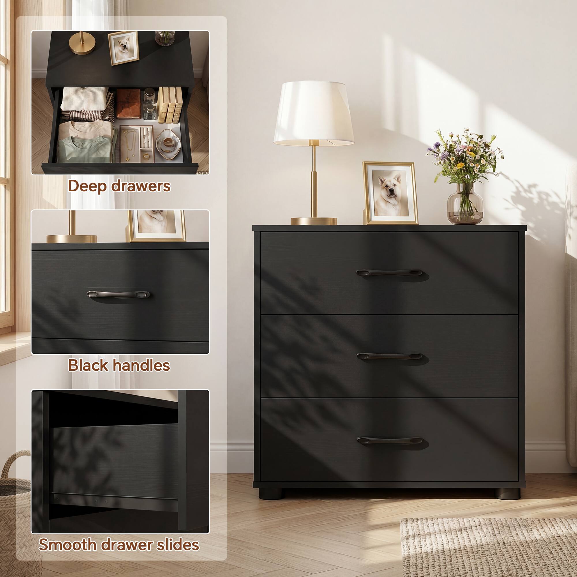 Deep drawers  
Black handles  
Smooth drawer slides