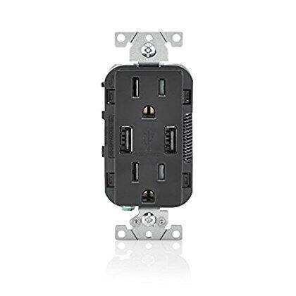 Angle. Leviton - 15A 125V Outlet with Dual USB Charger - Black.