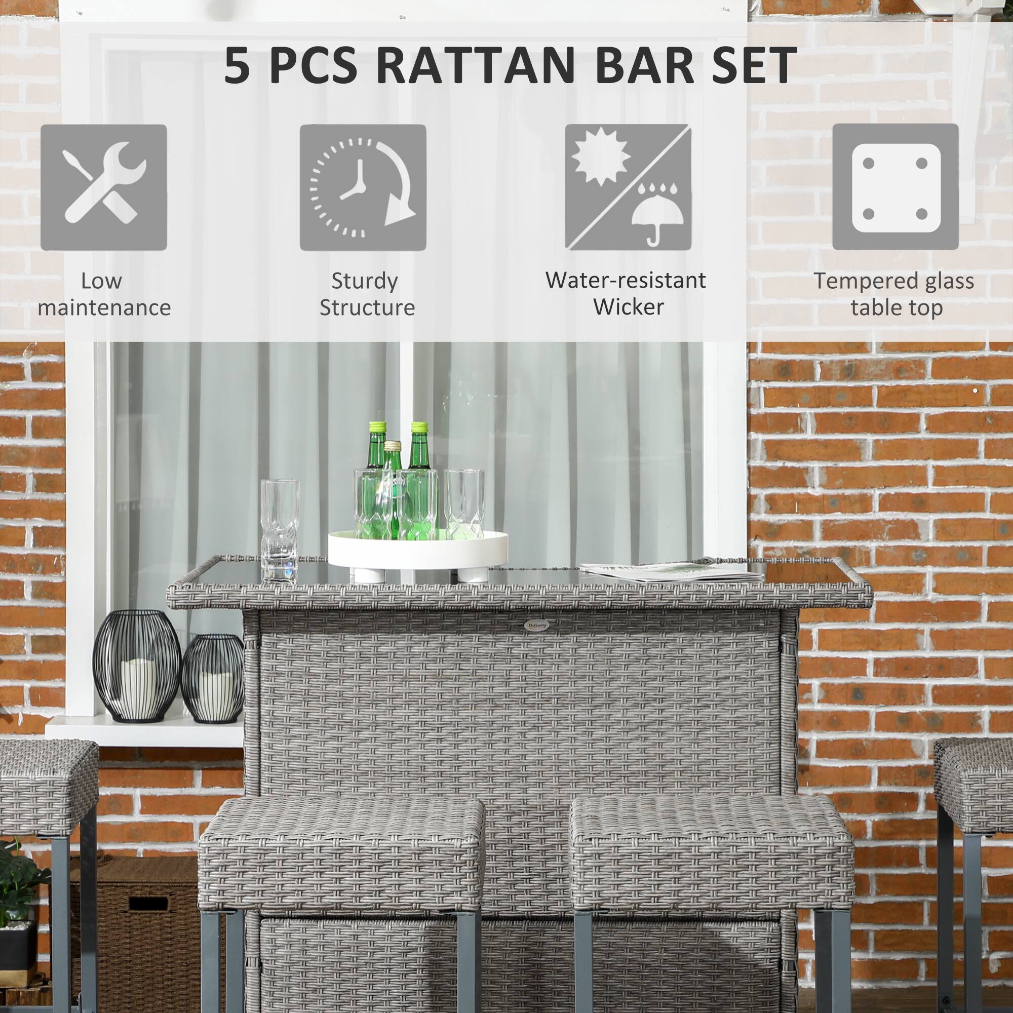 5 PCS RATTAN BAR SET

- Low maintenance
- Sturdy Structure
- Water-resistant Wicker
- Tempered glass table top