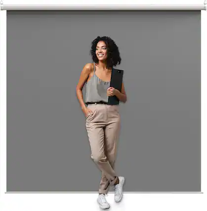 Front. KHOMO GEAR - Gray Backdrop 84 x 84 in – XL Pull-Down Screen with White Case for Portraits & Livestreams.