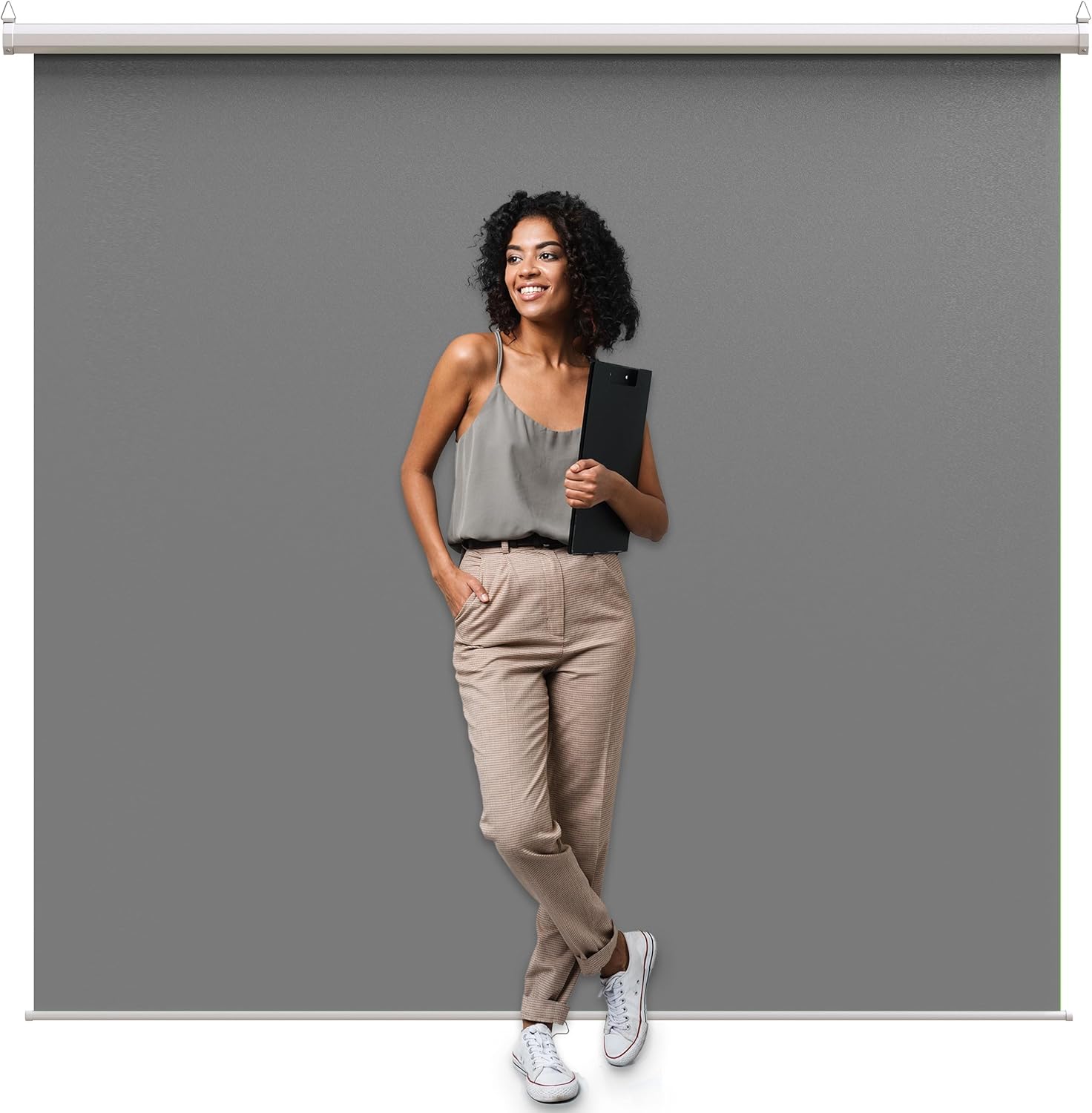 Front. KHOMO GEAR - Gray Backdrop 84 x 84 in – XL Pull-Down Screen with White Case for Portraits & Livestreams.