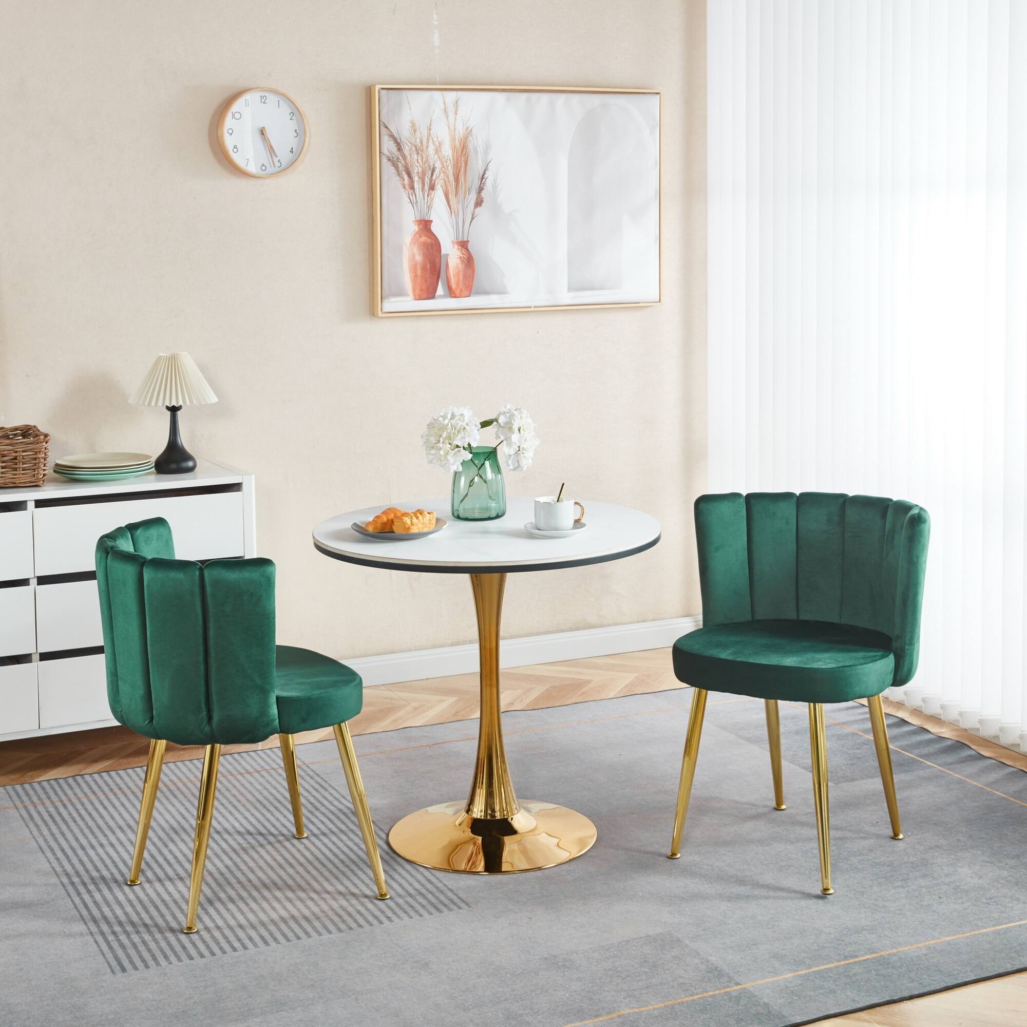 Left. GOODSILO - Elegant Velvet Dining Chairs Set of 2 with Golden Iron Legs for Modern Living Spaces - Green.