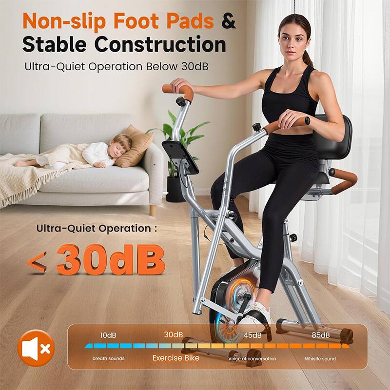 Non-slip Foot Pads & Stable Construction  
Ultra-Quiet Operation Below 30dB  

Ultra-Quiet Operation:  
< 30dB  

10dB breath sounds  
30dB Exercise Bike  
45dB Voice of conversation  
85dB Whistle sound