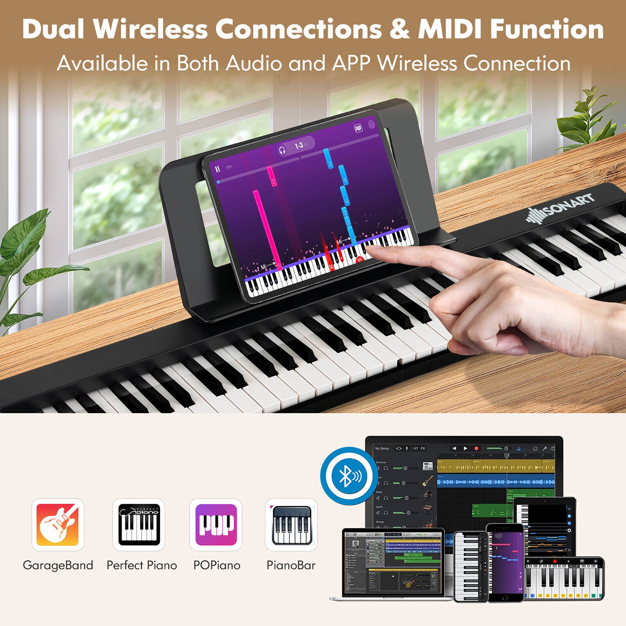 Dual Wireless Connections & MIDI Function  
Available in Both Audio and APP Wireless Connection  

GarageBand  
Perfect Piano  
POPIano  
PianoBar