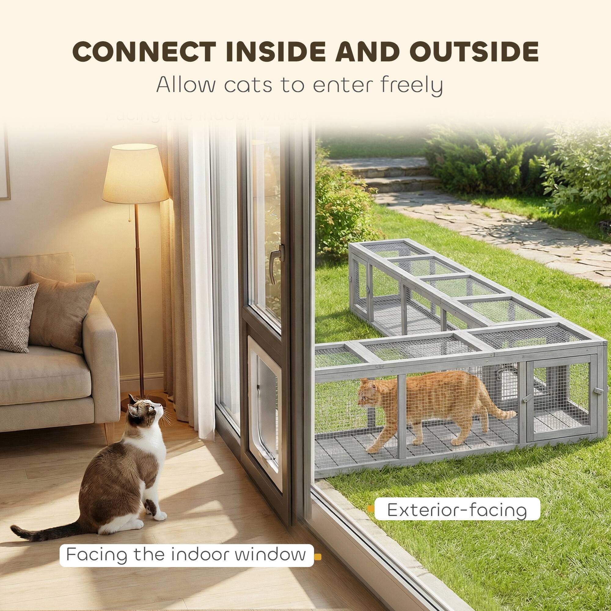CONNECT INSIDE AND OUTSIDE  
Allow cats to enter freely

Facing the indoor window

Exterior-facing