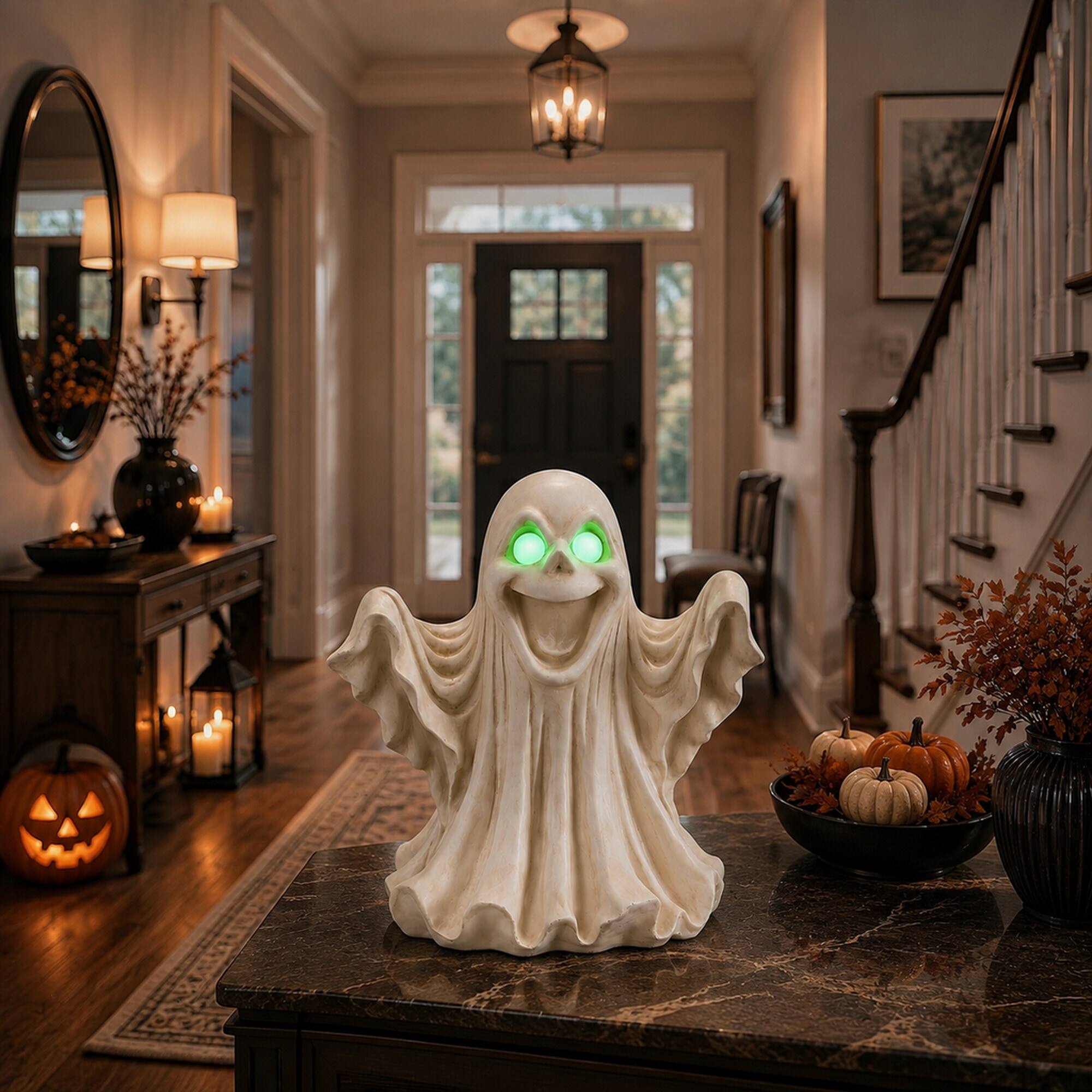 Alt View 1. RYHNUYNE - Halloween Ghost Figurine with Glowing LED Eyes for Spooky Home and Party Decor, Resin Tabletop Statue for Shelves - White.