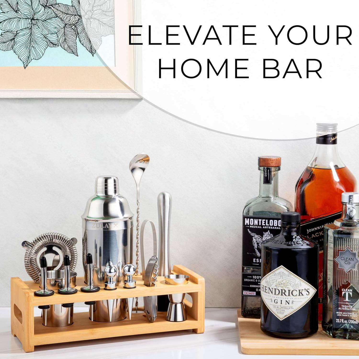 ELEVATE YOUR HOME BAR

DENUS ZULAYX PLLVE MONTELOBO MEZCAL ARTESANAL
JOHNNIE LACK EST CLEAN CO 100% ORGANIC

C D HENDRICK'S CLEAN H545I T GING Seh TEQUICA ALTERNATION AL IME ...... -S ALEREBLK LEBS ..... 23.7L a (700ml)