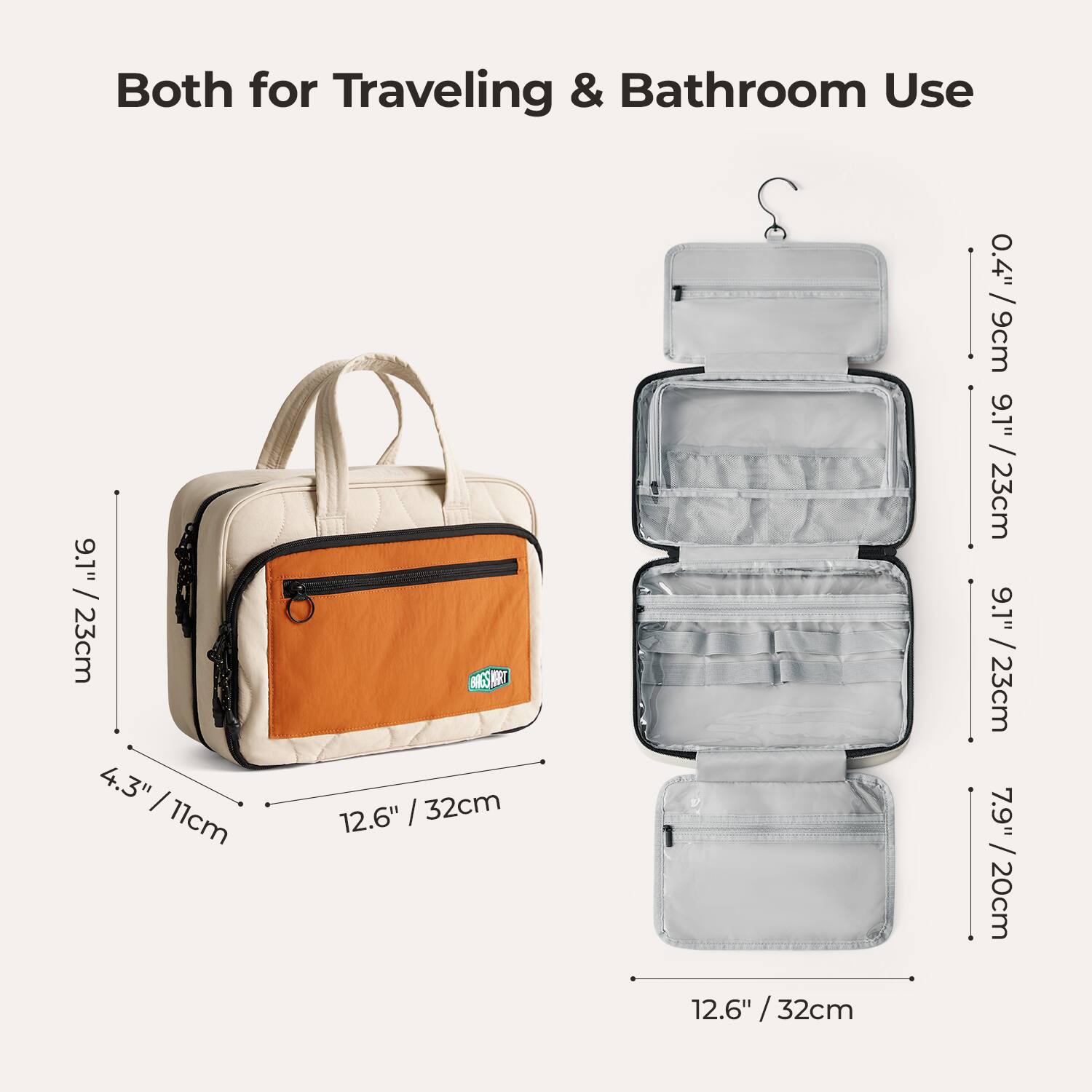Both for Traveling & Bathroom Use

0.4" / 9cm
9.1" / 23cm
4.3" / 11cm
12.6" / 32cm

BRESSMART

9.1" / 23cm
7.9" / 20cm
12.6" / 32cm