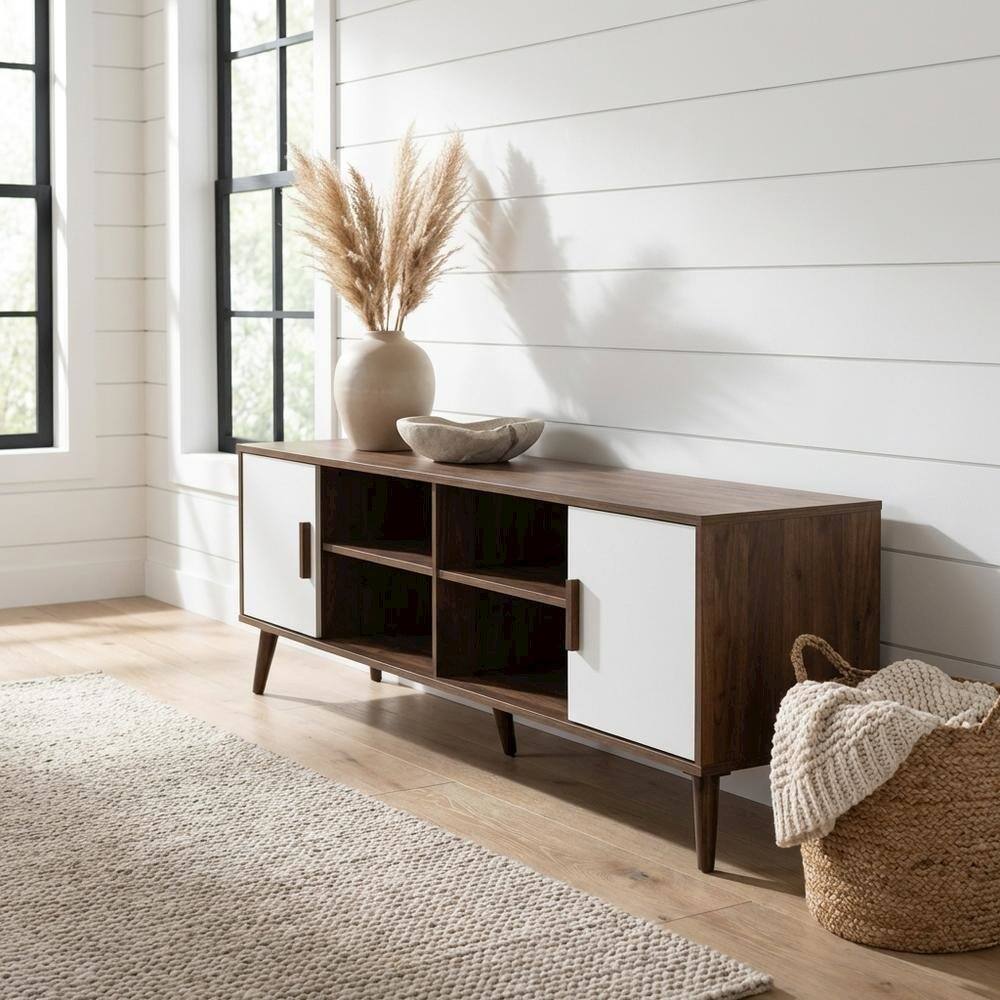 Alt View 1. FurniFact - Modern Two-Tone White and Walnut Finishes TV Stand with Wooden Frame - Brown.