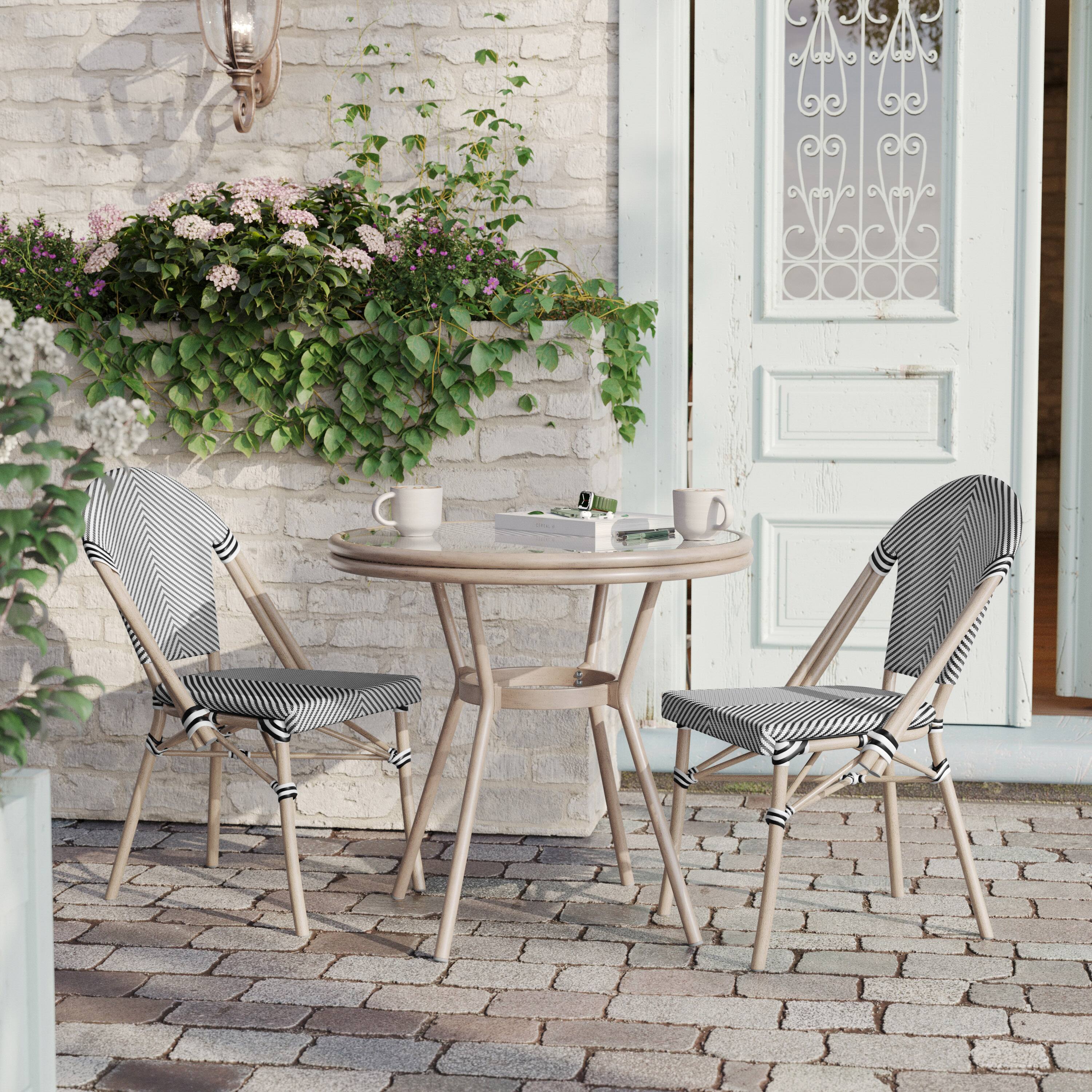 Alt View 1. Flash Furniture - Marseille Indoor/Outdoor Commercial Bistro 31.5" Table, Black/White Textilene, Glass Top with 2 Stack Chairs - Light Nat - Black.