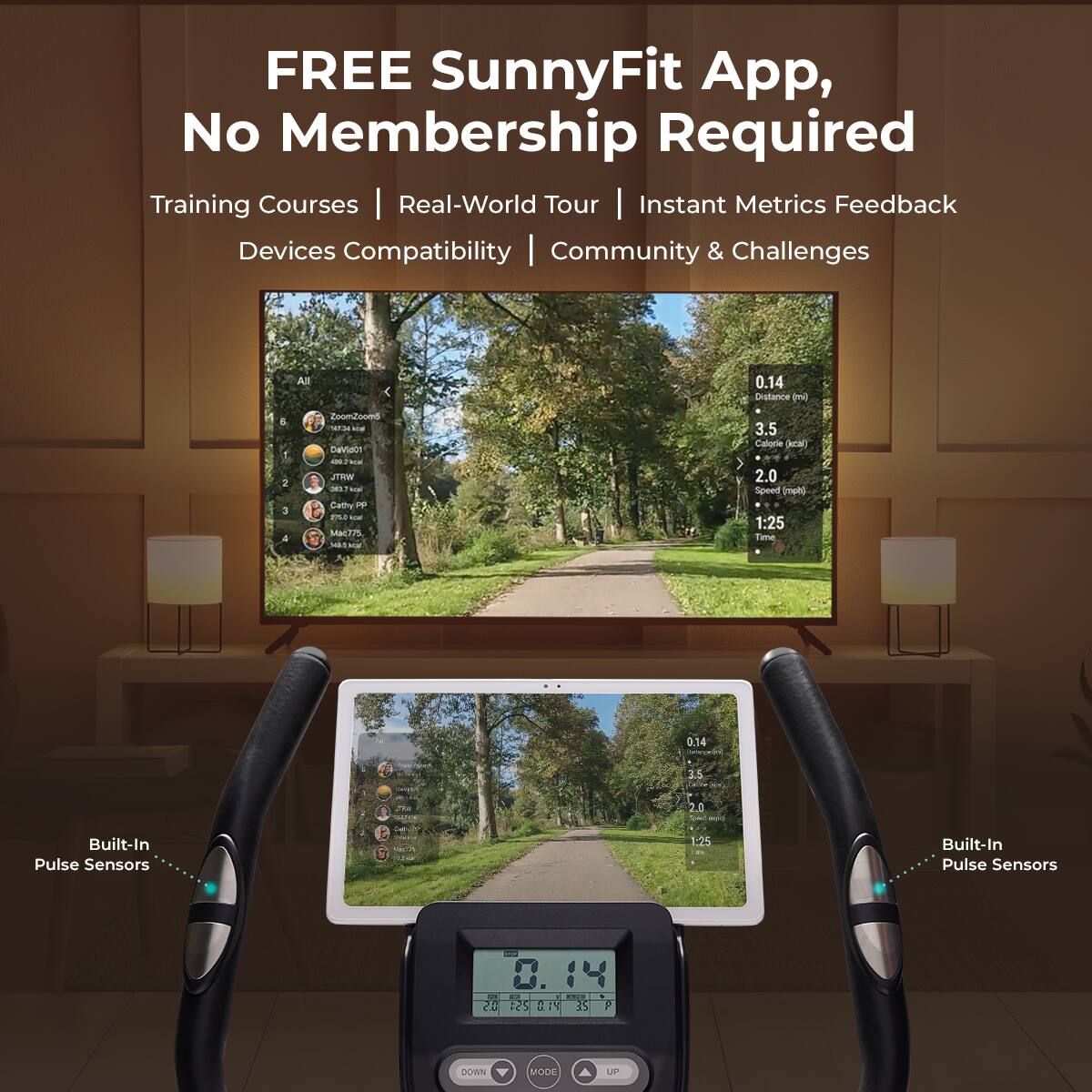 FREE SunnyFit App, No Membership Required
Training Courses | Real-World Tour | Instant Metrics Feedback
Devices Compatibility | Community & Challenges
Built-In Pulse Sensors
Built-In Pulse Sensors
0.14 Distance
3.5 Calorie
2.0 Speed
1:25 Time
0.14
15
2.0
26
14
DOWN
MODE
UP