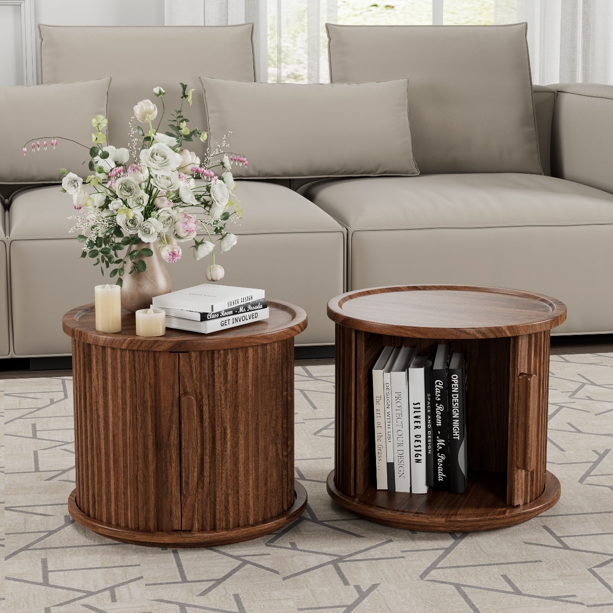 Loheer - Round Coffee Table Set, Fluted Sliding Door Storage Tables for Living Room - Walnut