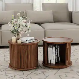 Loheer - Round Coffee Table Set, Fluted Sliding Door Storage Tables for Living Room - Walnut
