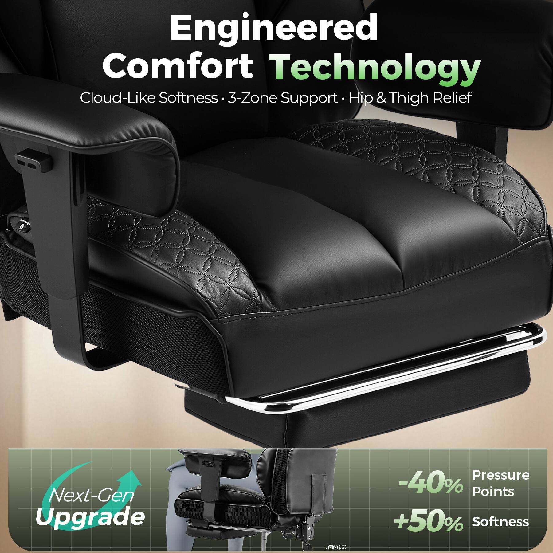 Engineered Comfort Technology  
Cloud-Like Softness • 3-Zone Support • Hip & Thigh Relief  

Next-Gen Upgrade  
-40% Pressure Points  
+50% Softness