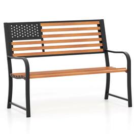 Costway - 50" Outdoor Garden Bench with Flag Pattern Backrest & Rustic Wood Grain Finish - Brown,Black