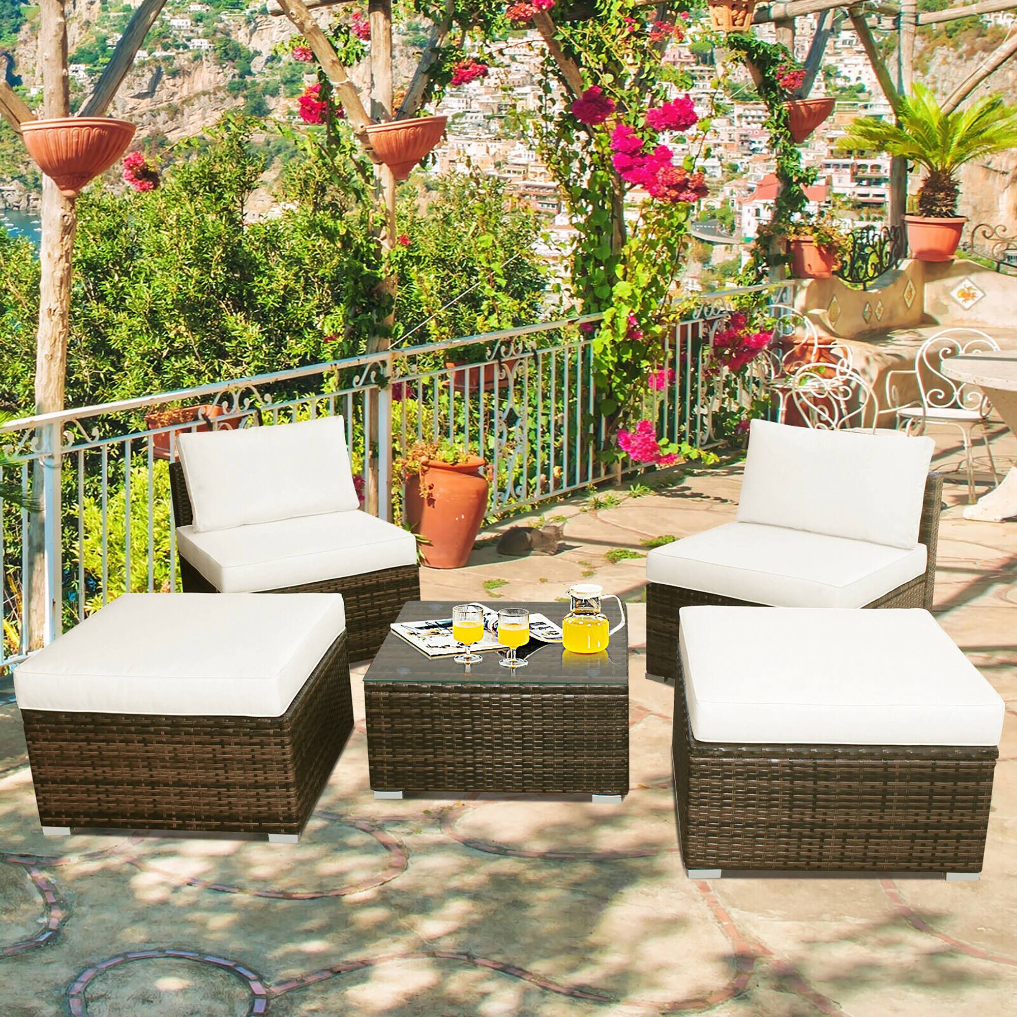 Alt View 1. Costway - 5PCS Patio Rattan Wicker Furniture Set Armless Sofa Ottoman Cushioned Garden - Mixed Brown/White.