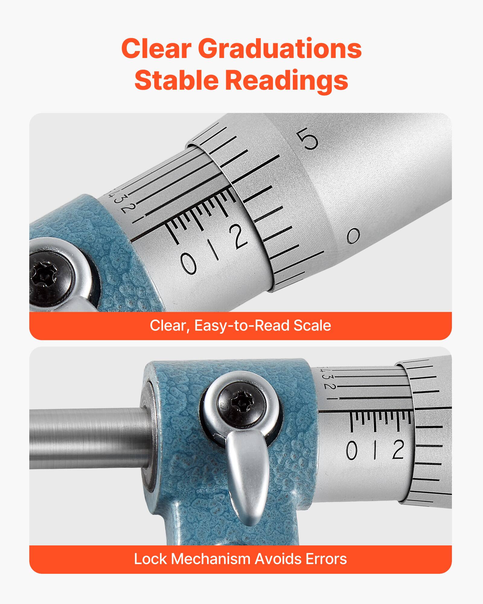 Clear Graduations  
Stable Readings  

Clear, Easy-to-Read Scale  

Lock Mechanism Avoids Errors