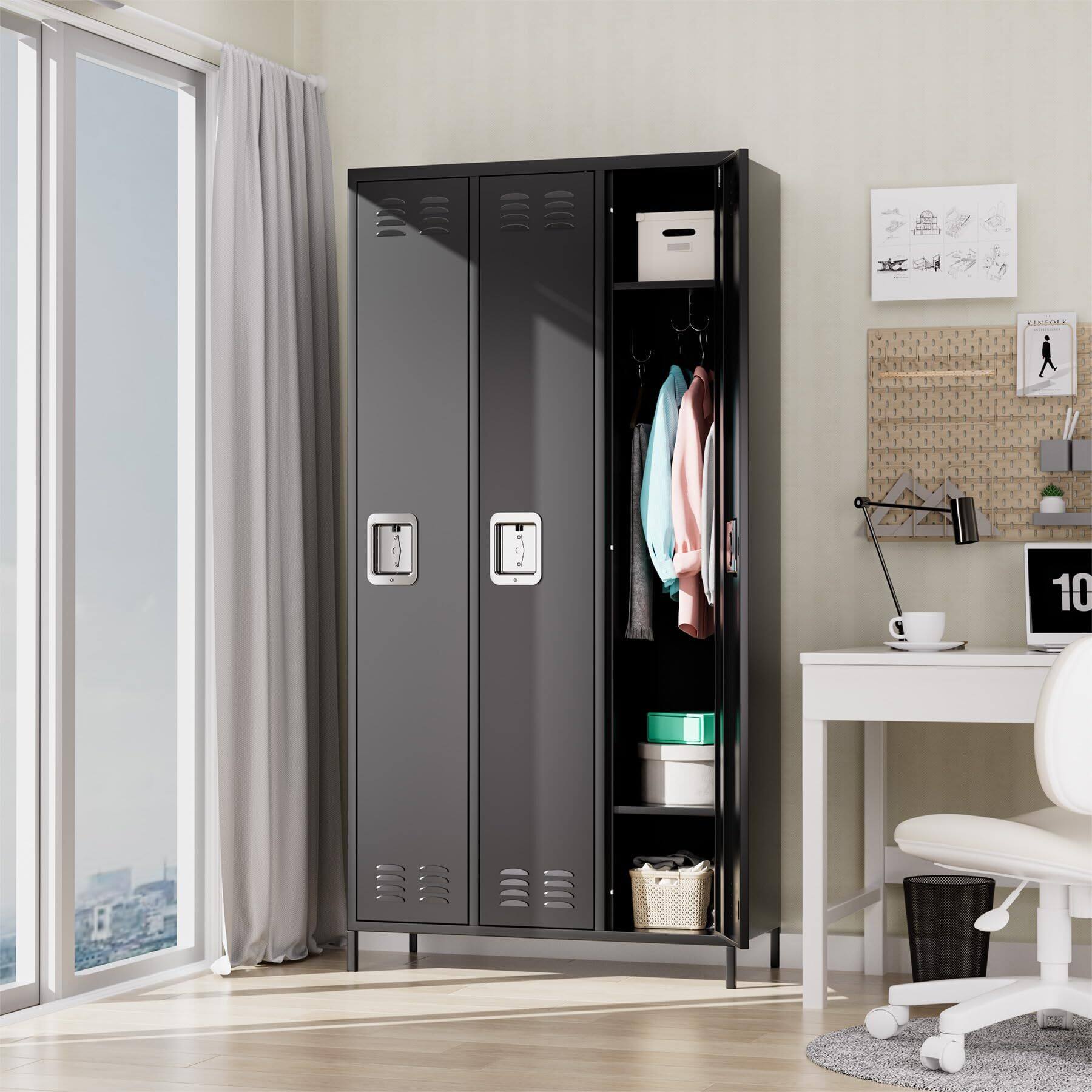 Angle. GARVEE - 3 Doors Metal Lockers Tall Metal Office Storage Cabinet with 9 Hooks and 3 Shelves for Home Office Gym School - Black.
